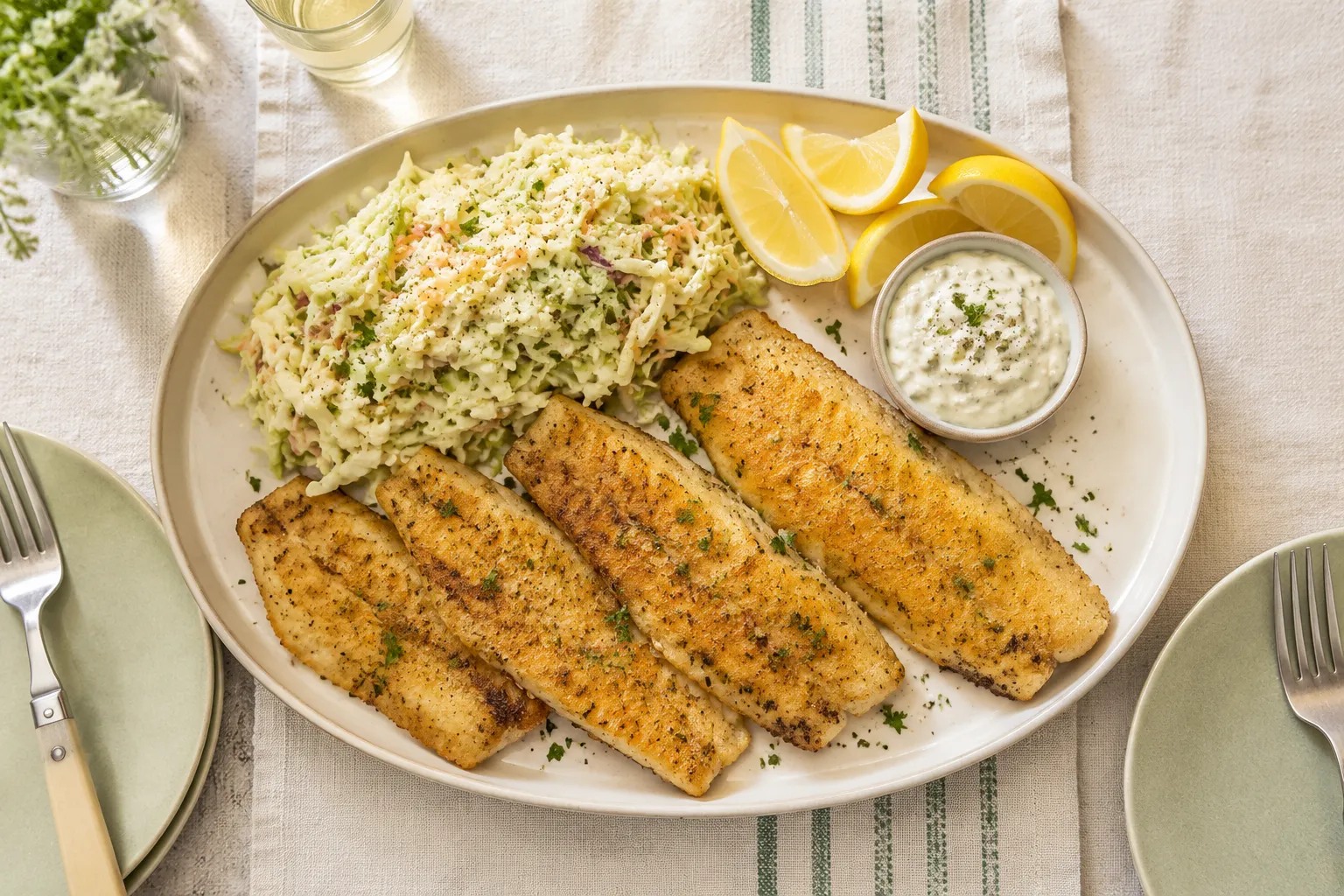 Whiting fish recipe served with coleslaw, lemon, and tartar sauce
