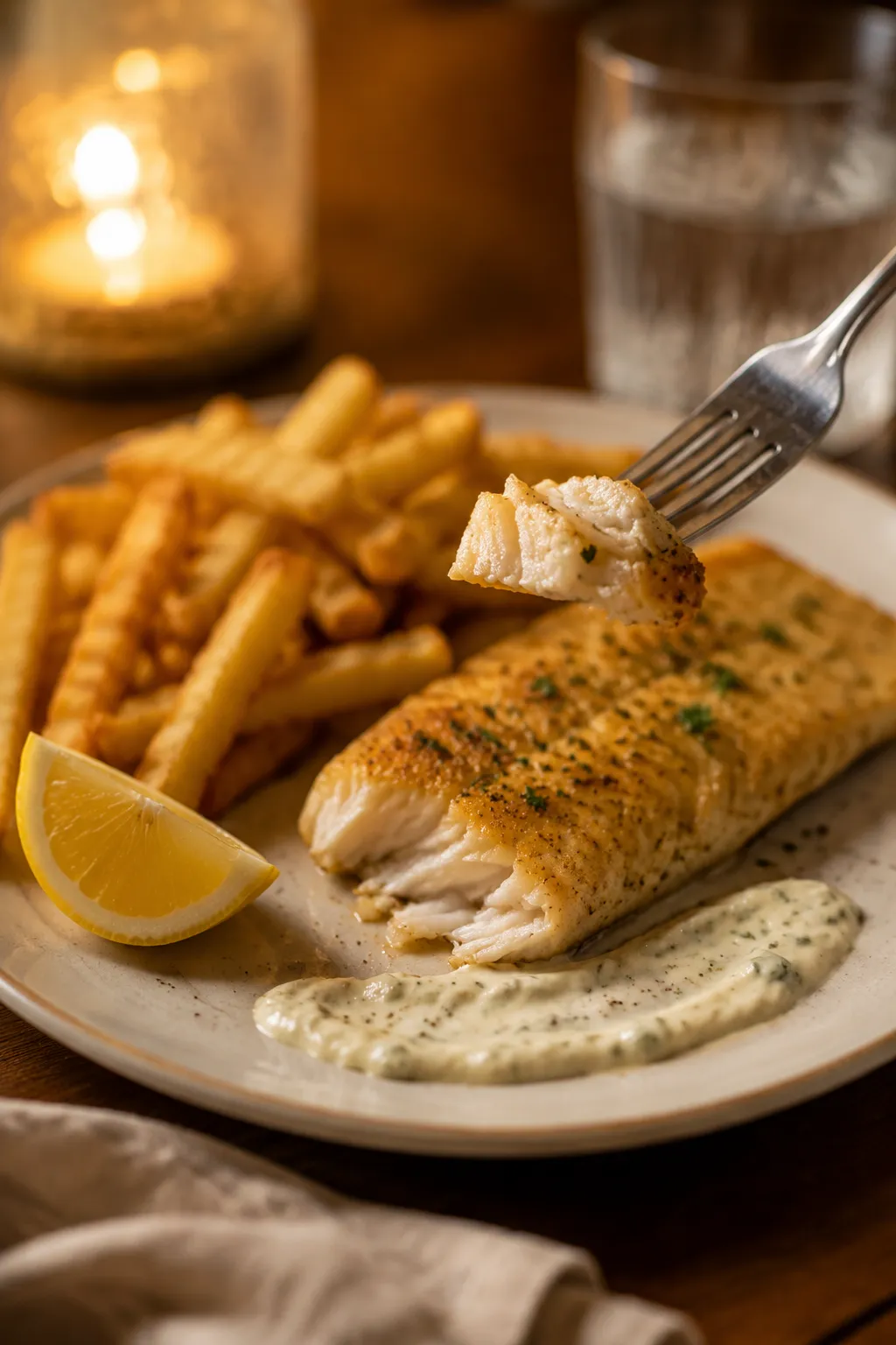 Plated whiting fish dinner with fries and tartar sauce
