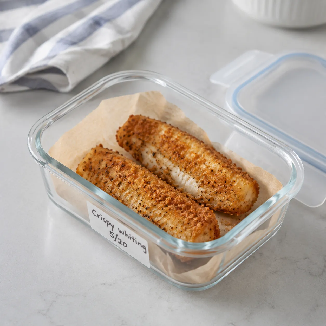 Storing leftover whiting fish fillets in a glass container