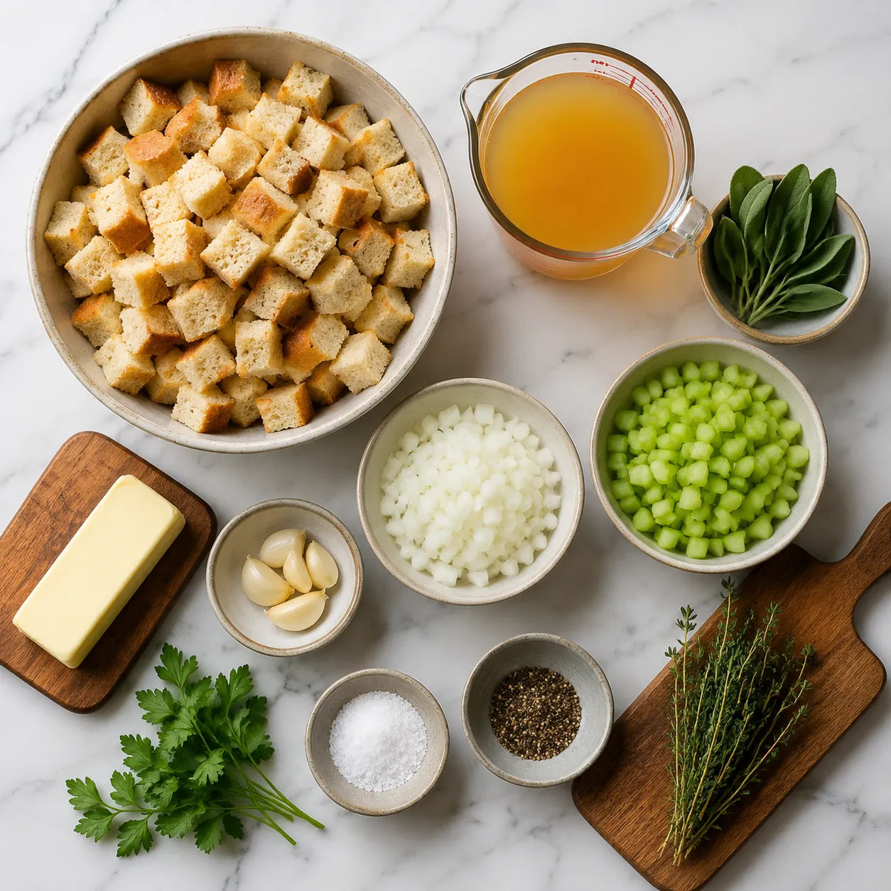 Ingredients for homemade stove top stuffing recipe on marble