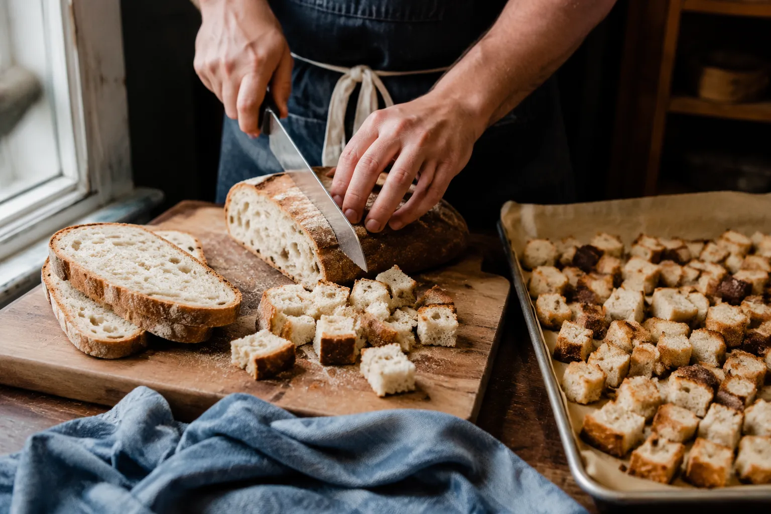 Cubing sourdough bread for stovetop stuffing recipe