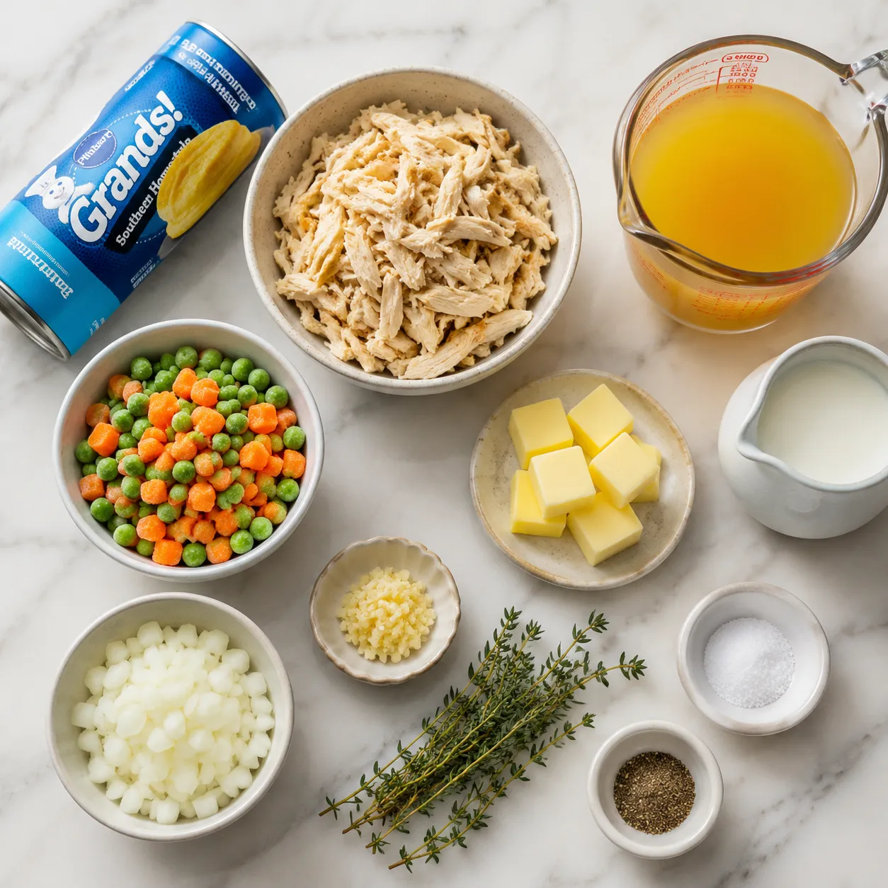 Ingredients for chicken and dumplings with canned biscuits on a marble counter