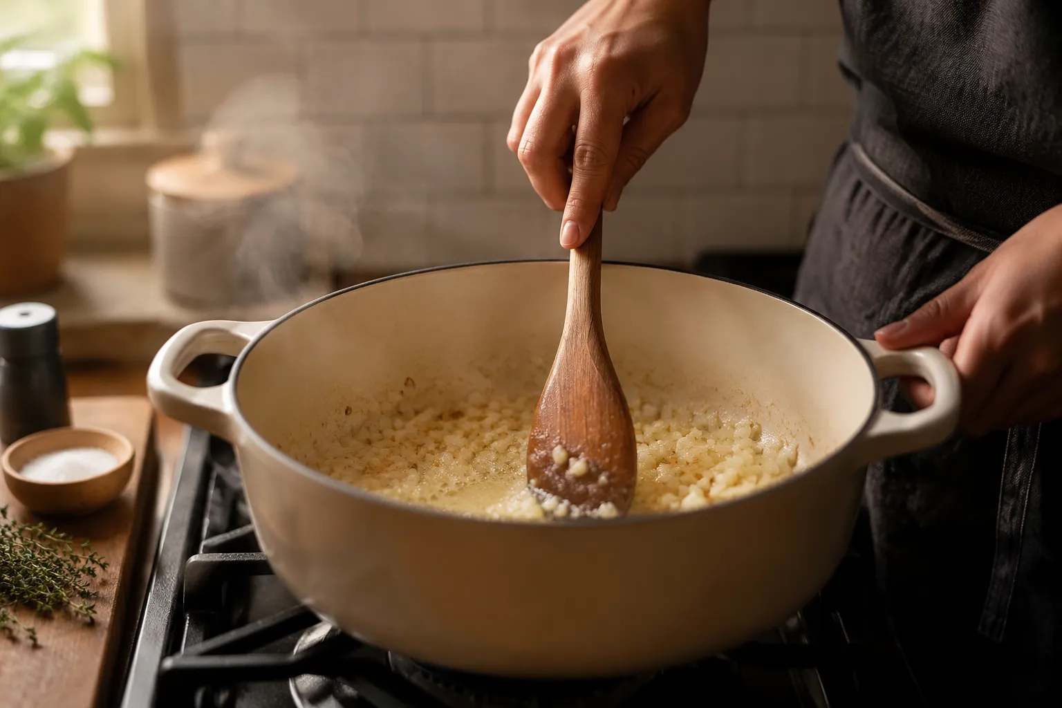 Sauteing onions and garlic in butter for creamy chicken and dumplings base