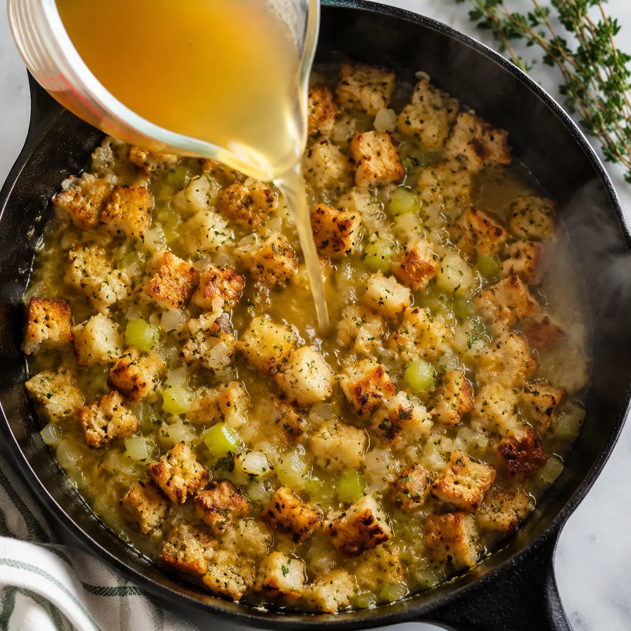 Pouring broth over bread cubes to make stovetop stuffing