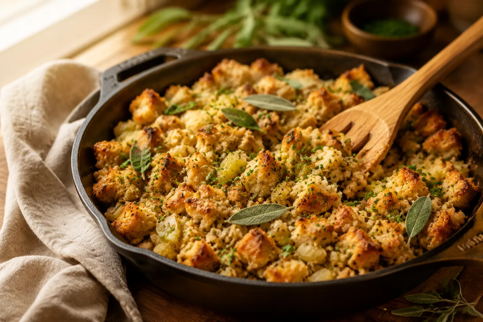 Finished stove top stuffing recipe garnished with fresh herbs