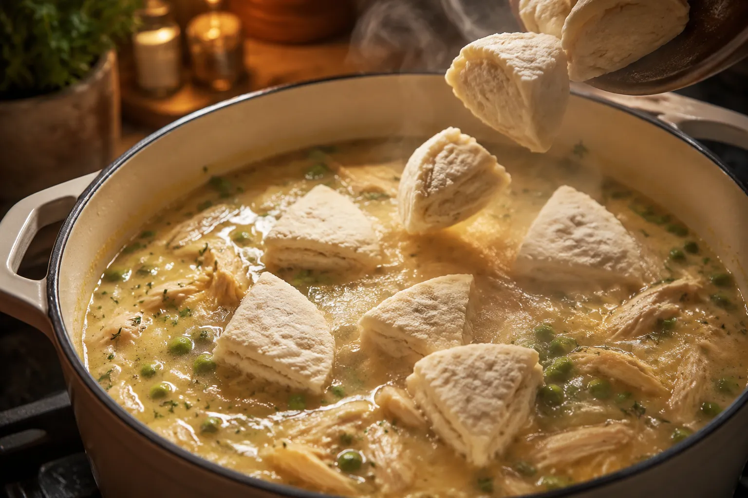 Adding quartered biscuit dumplings to simmering creamy chicken stew