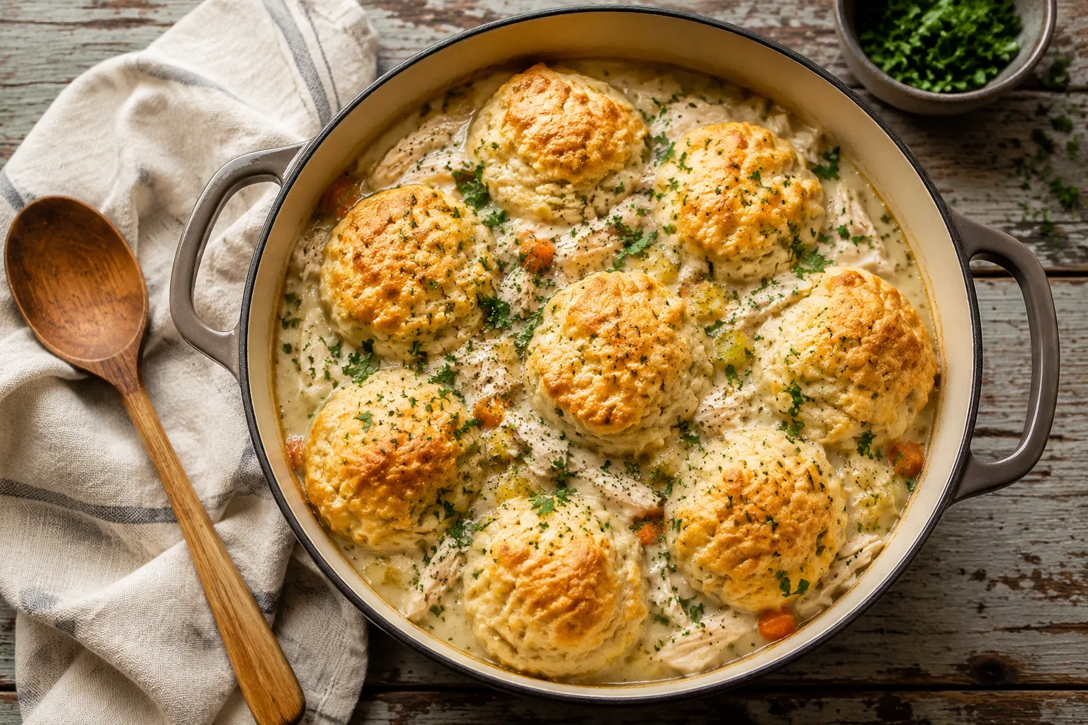 Finished chicken and dumplings with biscuits in a Dutch oven topped with parsley