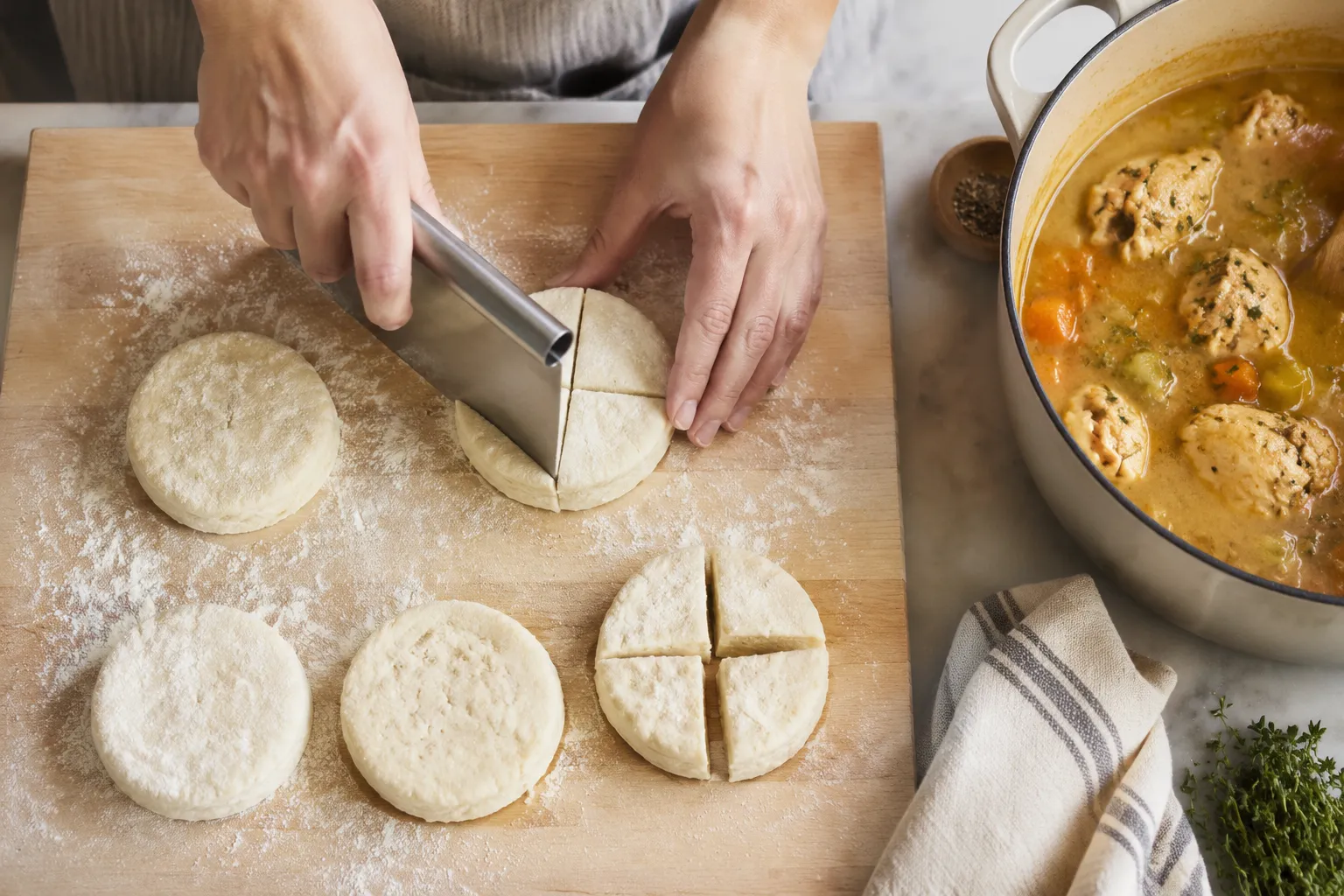 Cutting canned biscuits into quarters for chicken and dumplings