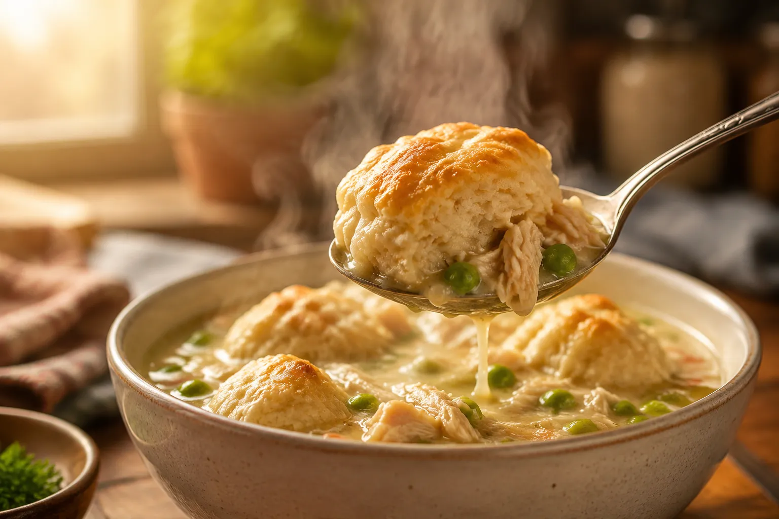 Spoonful of chicken and dumplings with biscuit dumpling lifted from a bowl
