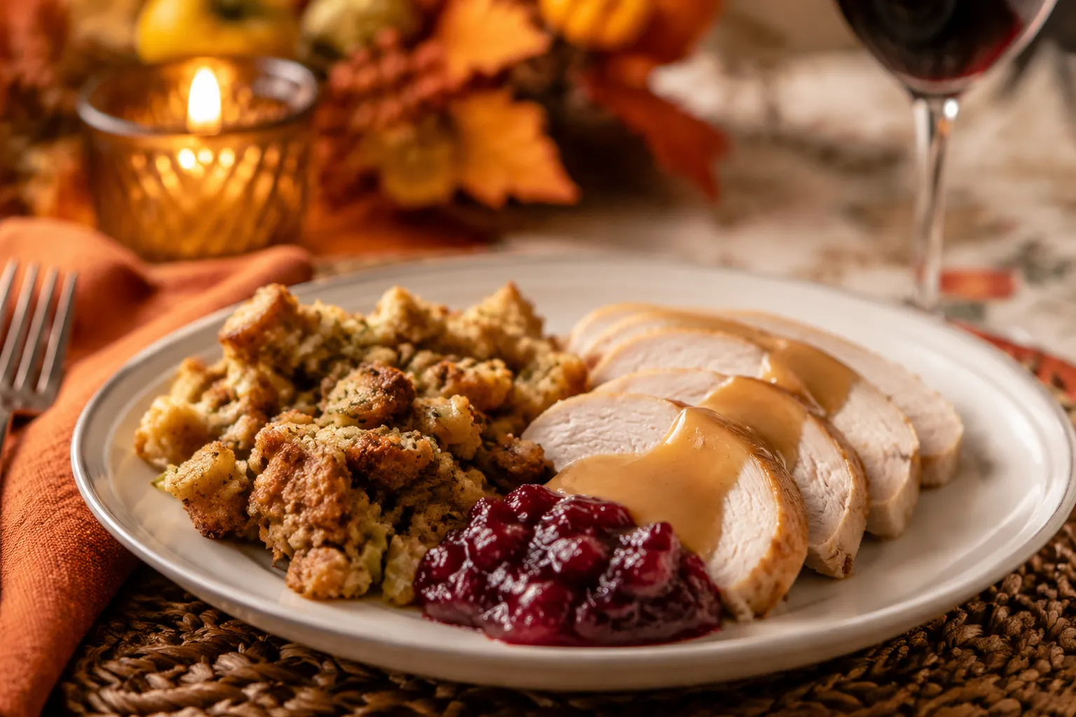 Stove top stuffing served with turkey and cranberry sauce