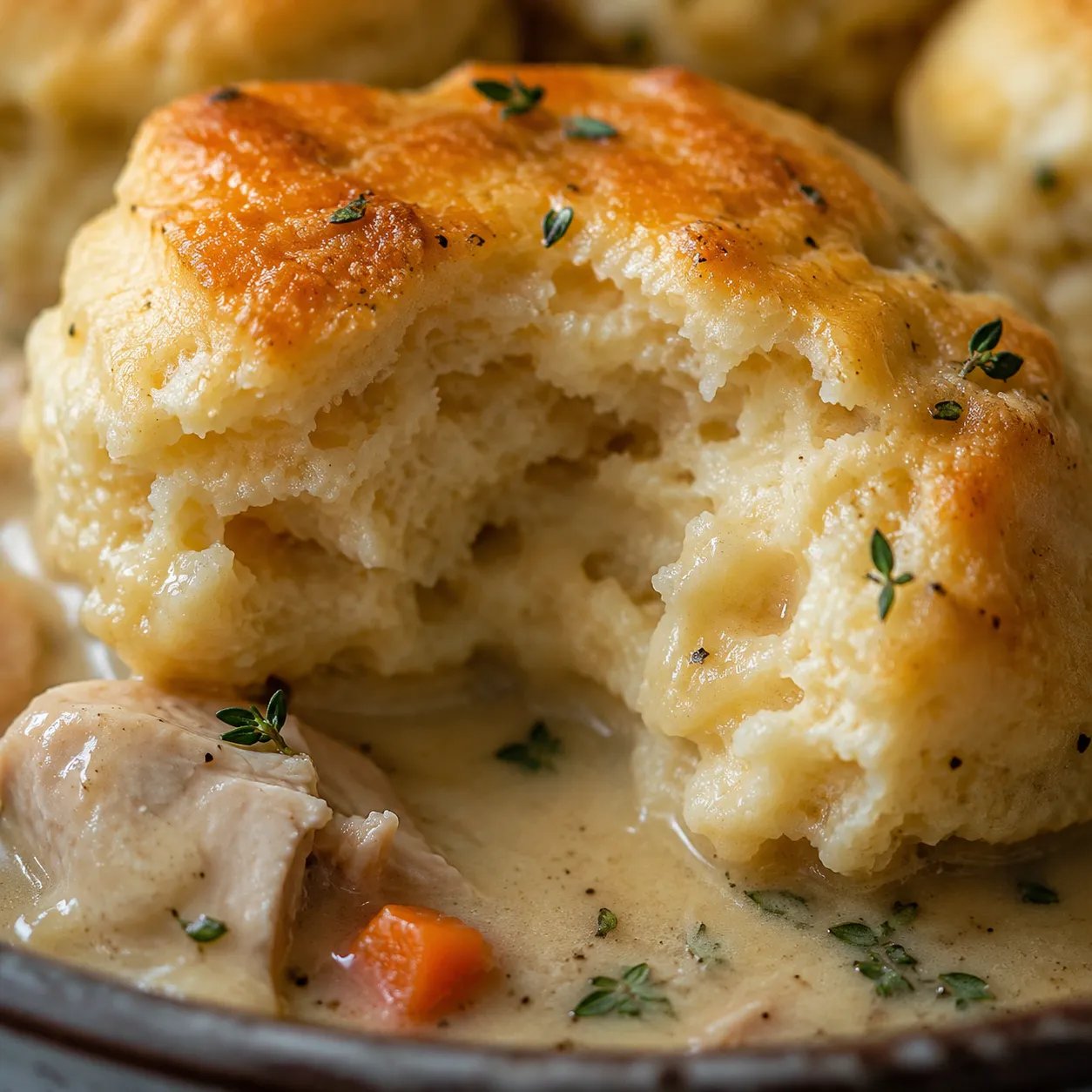 Close-up of fluffy biscuit dumpling interior in creamy chicken broth