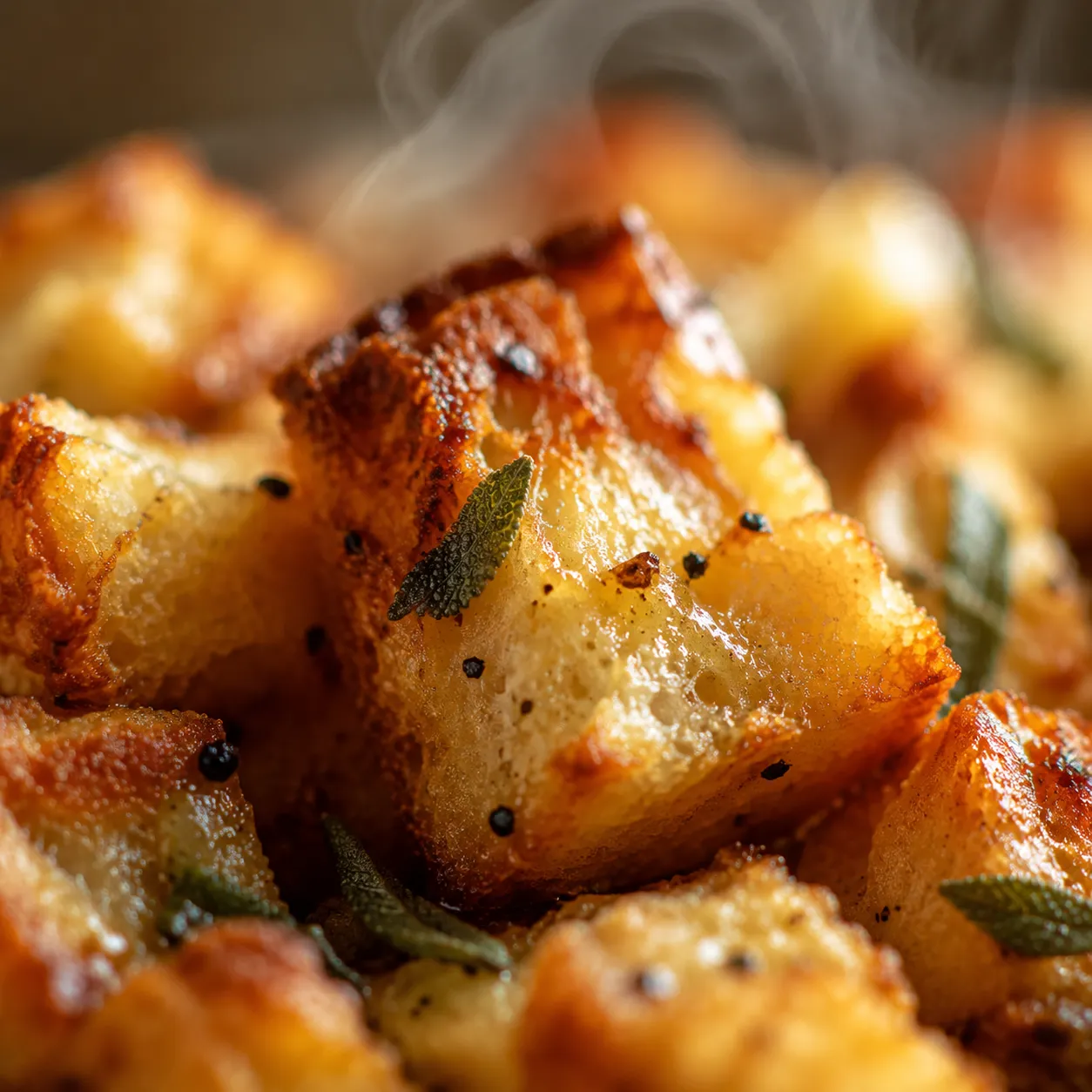 Close-up of buttery herb stove top stuffing texture