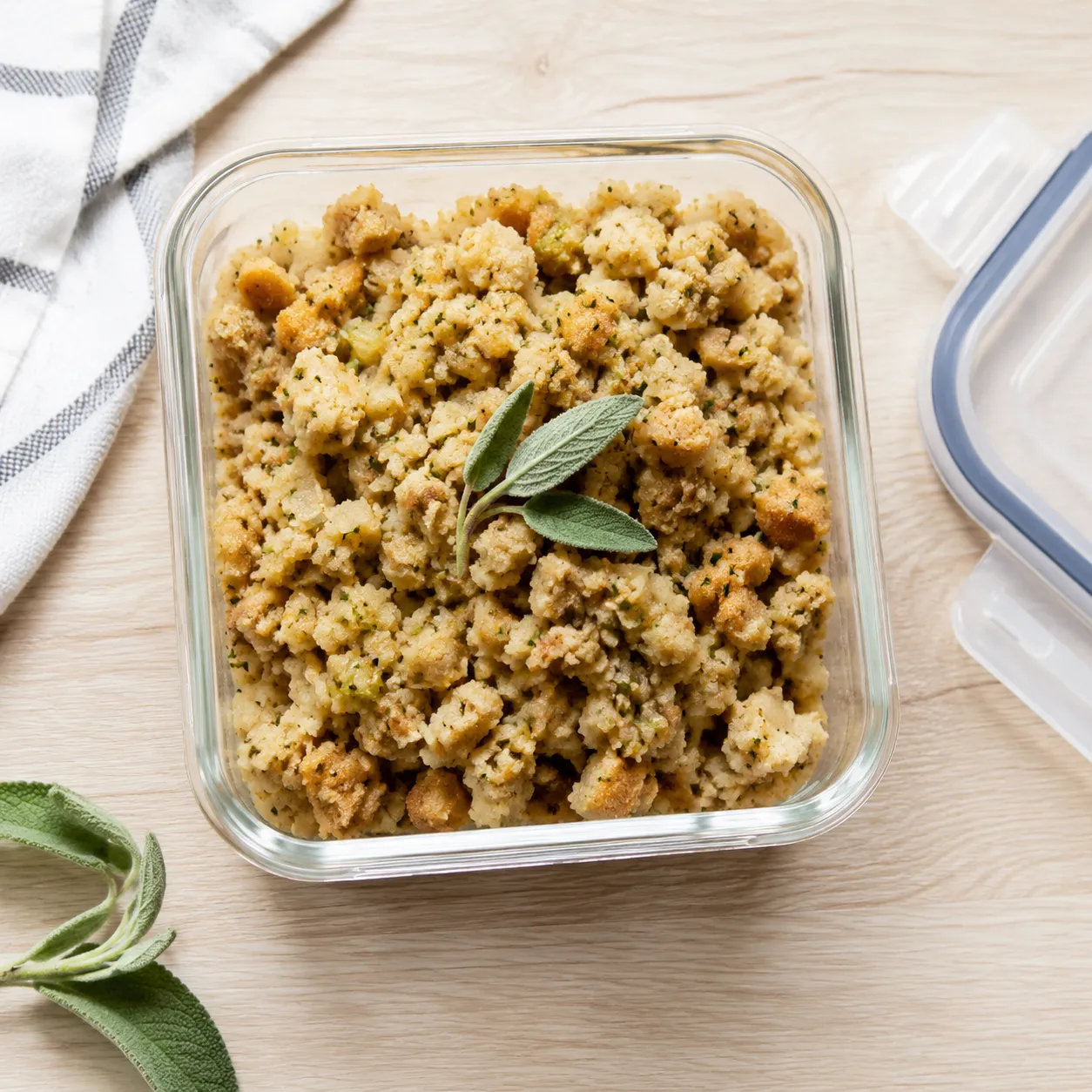 Storing leftover homemade stove top stuffing in a glass container