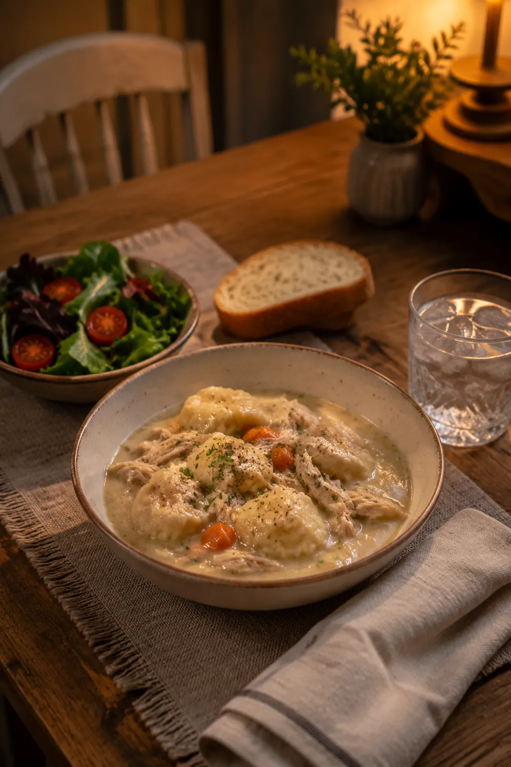 What goes with chicken and dumplings: bowl with side salad and crusty bread