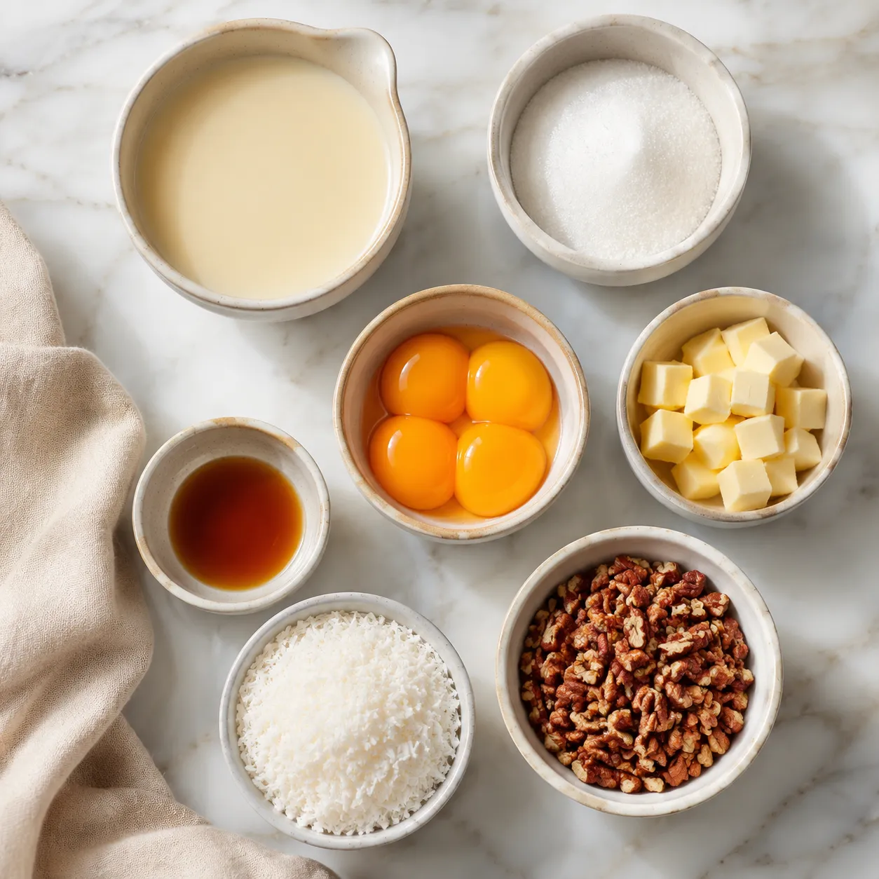 Ingredients for German chocolate icing recipe laid out on a marble counter