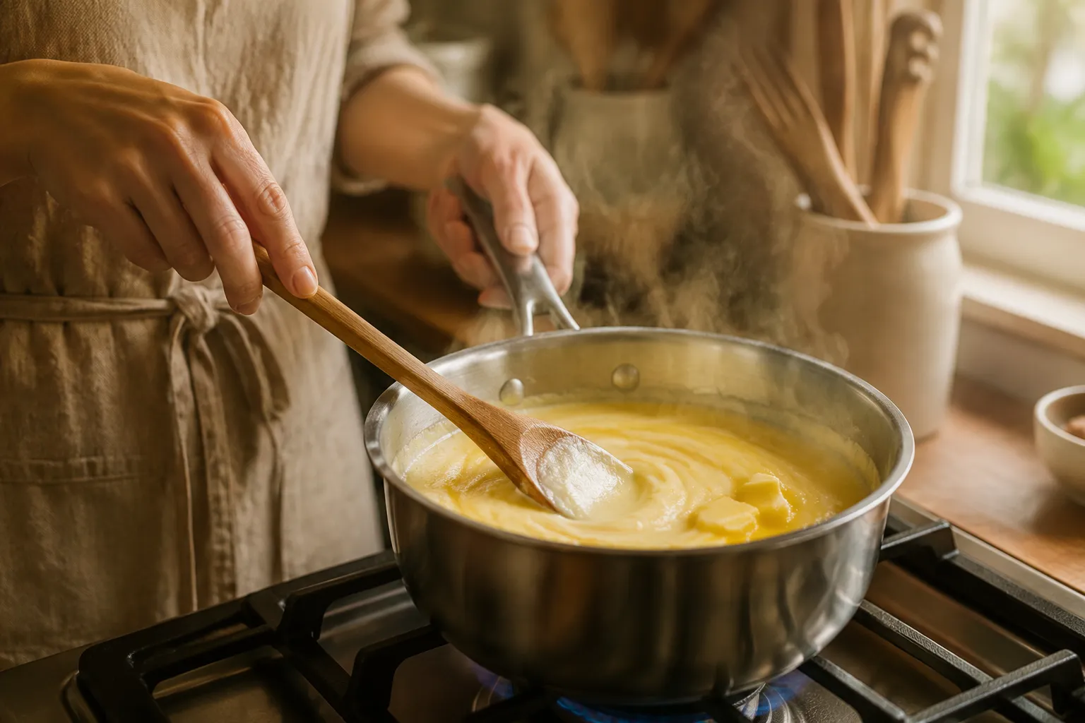 Stirring egg yolks and evaporated milk to make German chocolate cake frosting