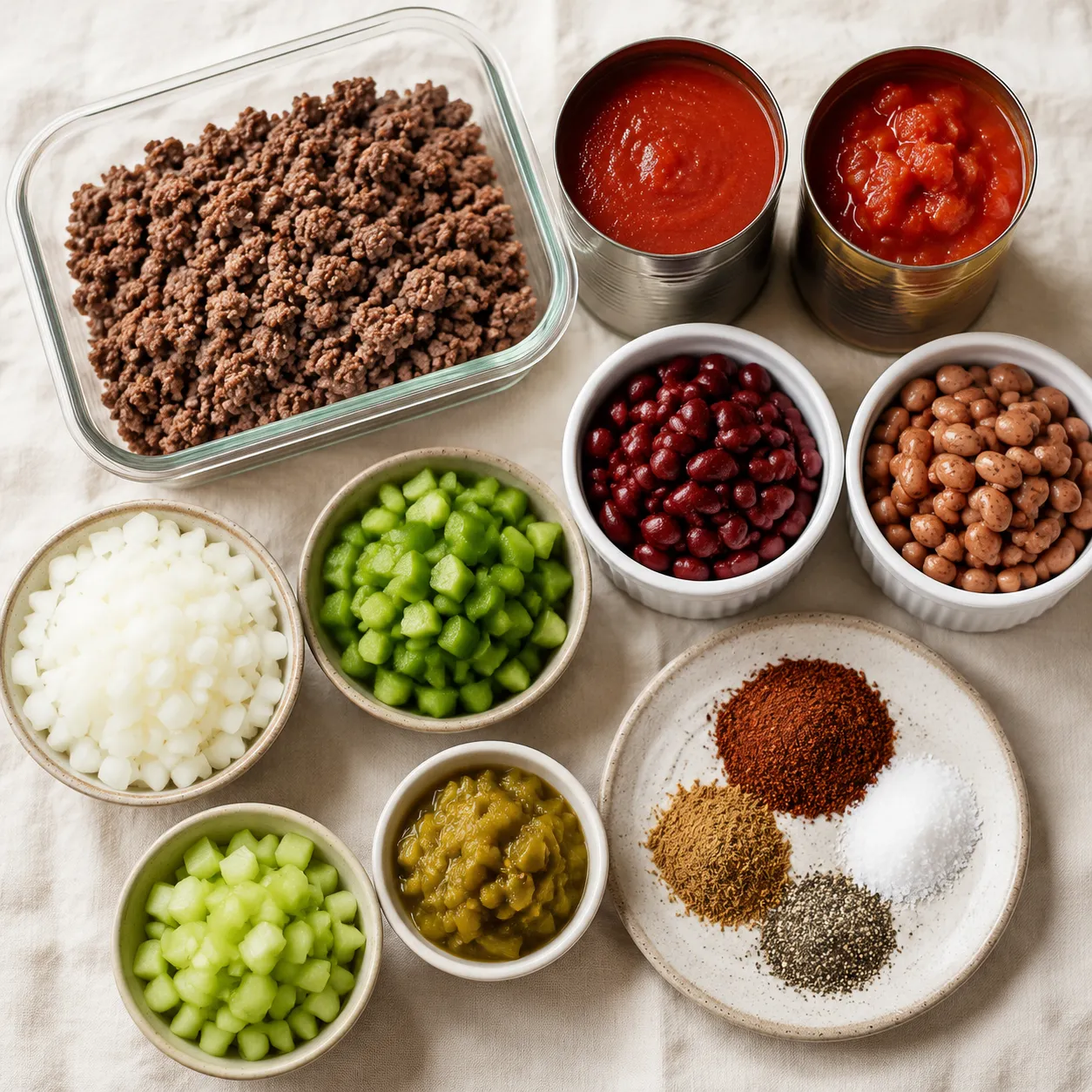 Ingredients for Wendy's chili recipe including ground beef, beans, tomatoes, and spices