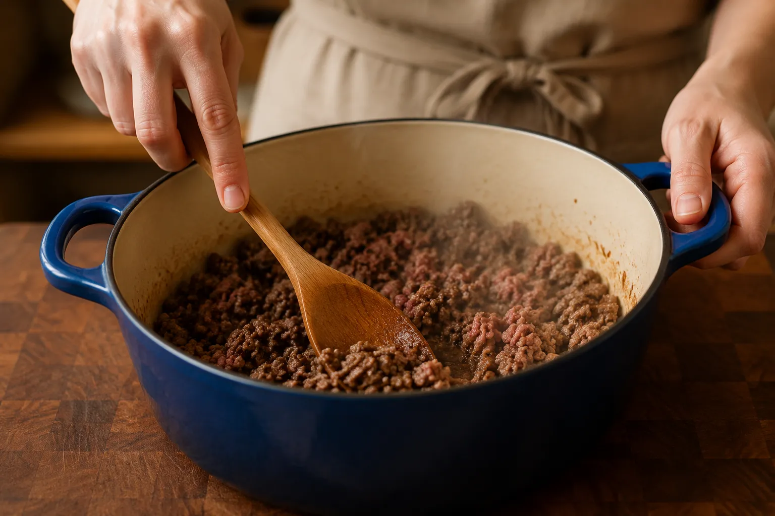 Browning ground beef for copycat Wendy's chili in a Dutch oven