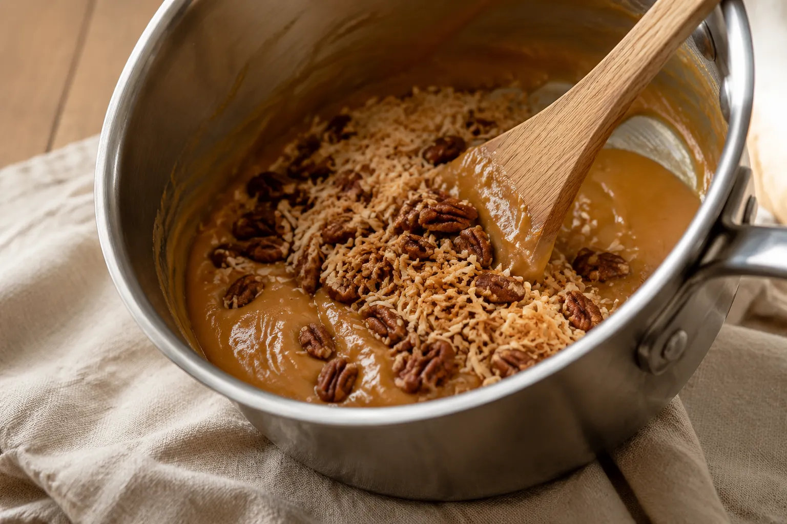 Folding toasted pecans and coconut into German chocolate frosting