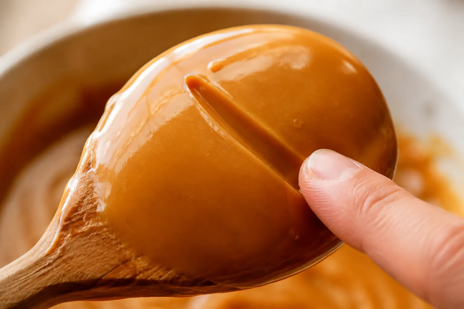 Thickened custard base coating a spoon for German chocolate icing