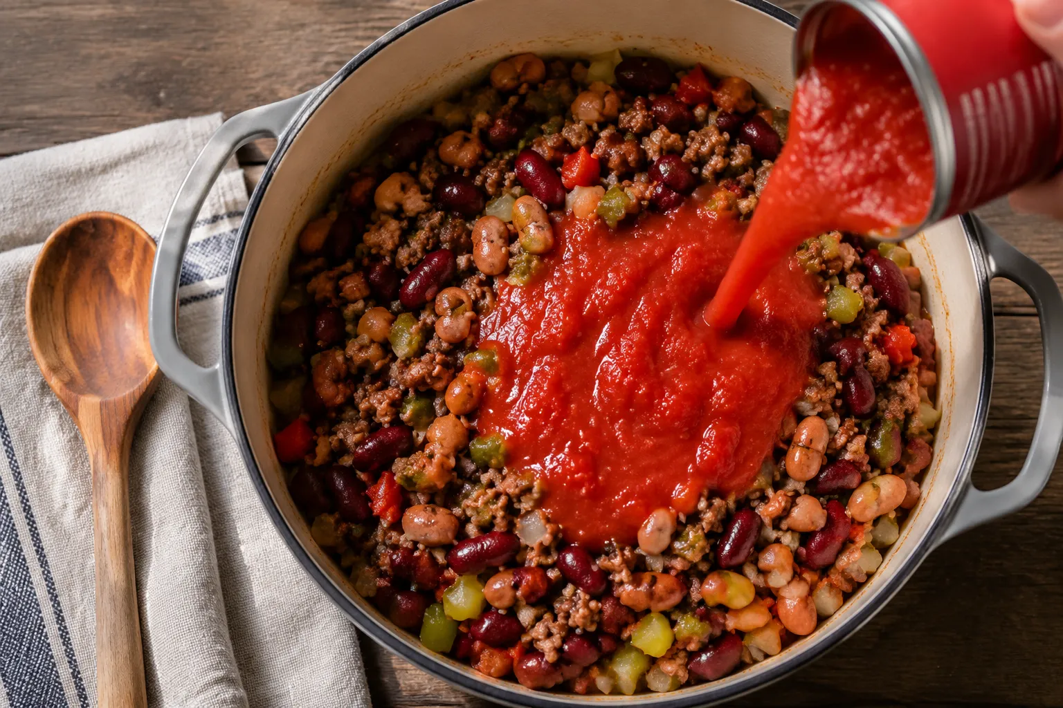 Adding tomato sauce to Wendy's chili recipe with beans and beef