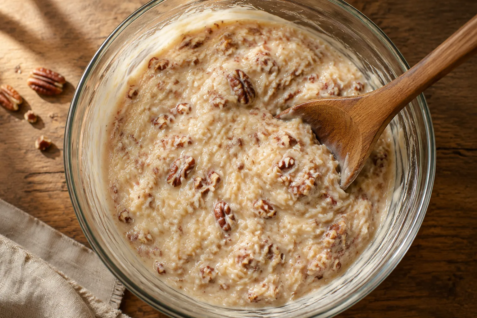 Finished German chocolate frosting cooling in a glass mixing bowl