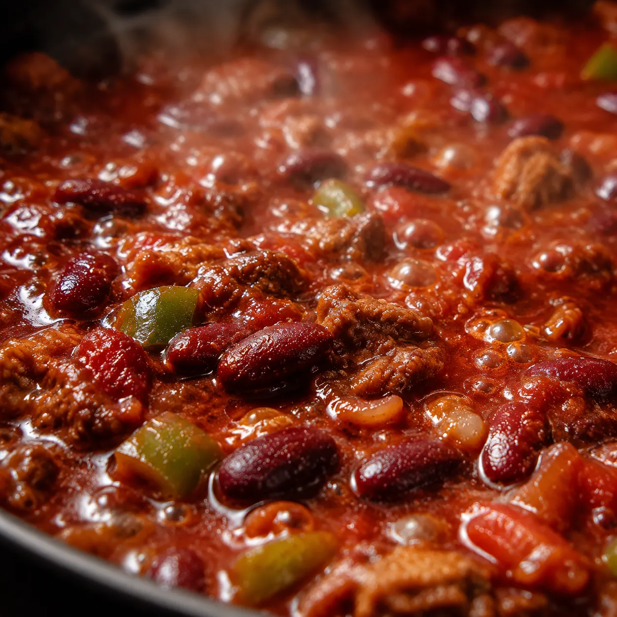 Wendy's chili simmering with kidney beans and ground beef close-up