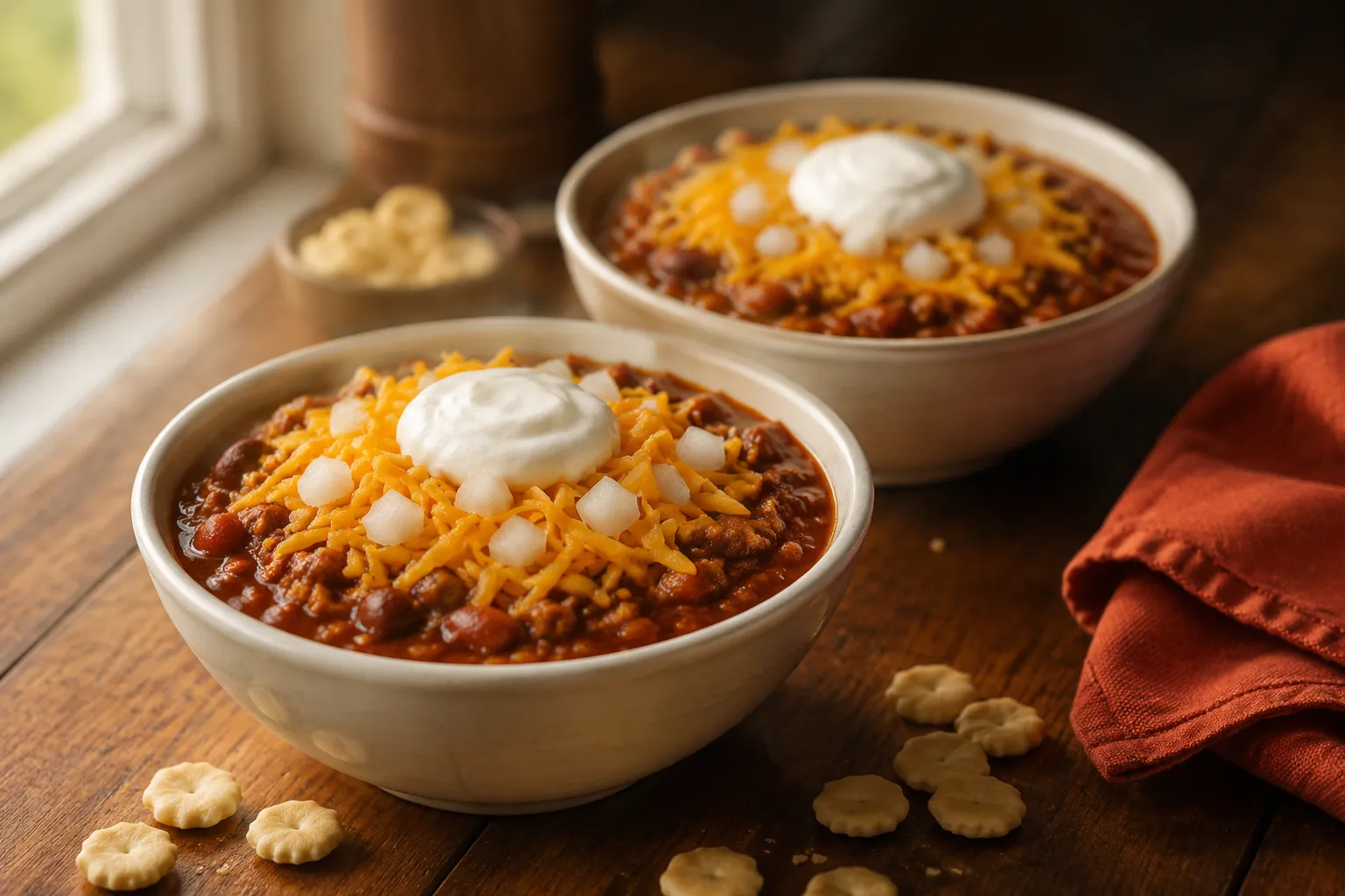 Two bowls of Wendy's chili recipe topped with cheese, onion, and sour cream