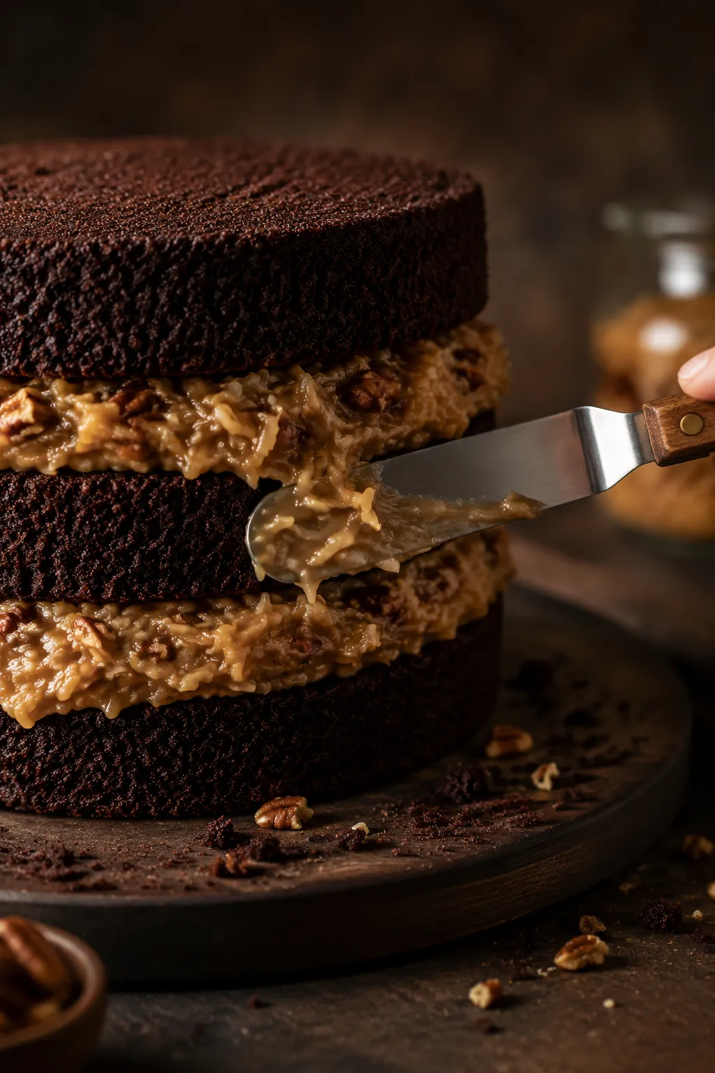 Spreading German chocolate cake icing between two chocolate cake layers