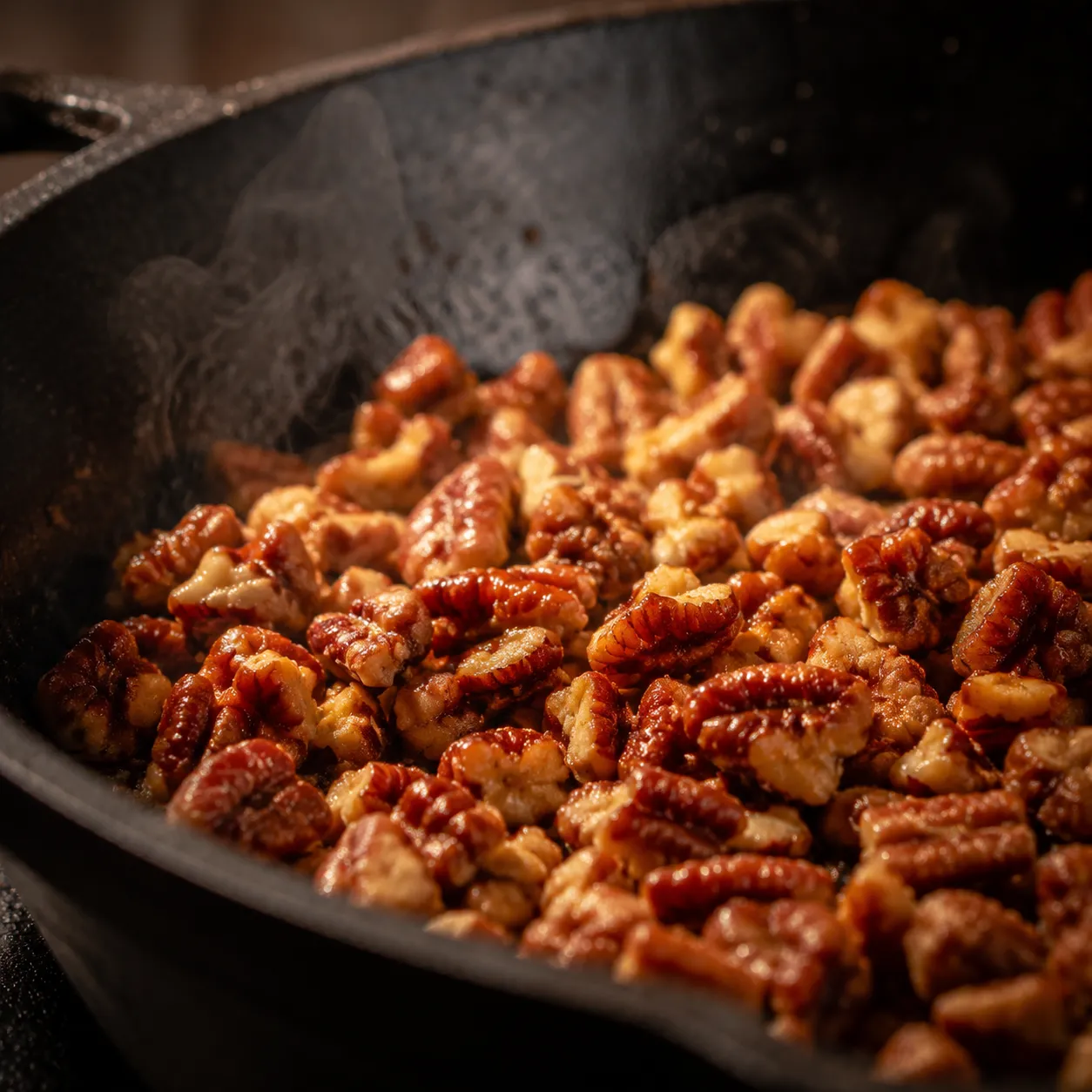 Toasting pecans in a skillet for the best German chocolate icing recipe