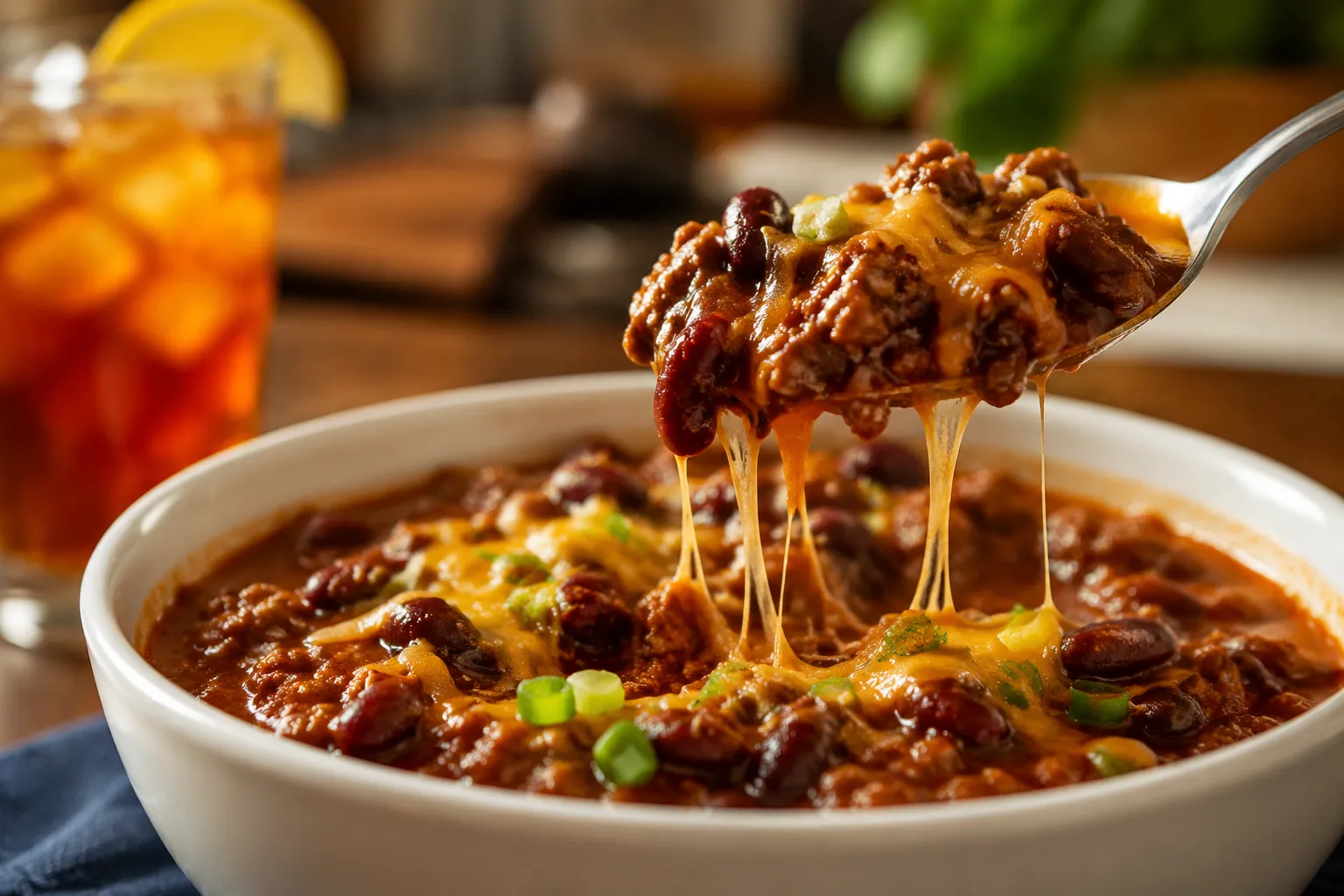 Spoonful of homemade Wendy's chili with melted cheddar cheese