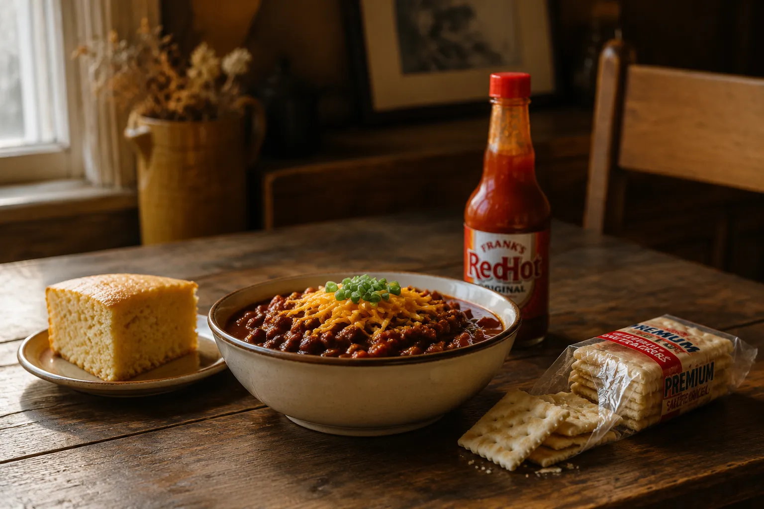 Wendy's chili recipe served with cornbread, crackers, and hot sauce
