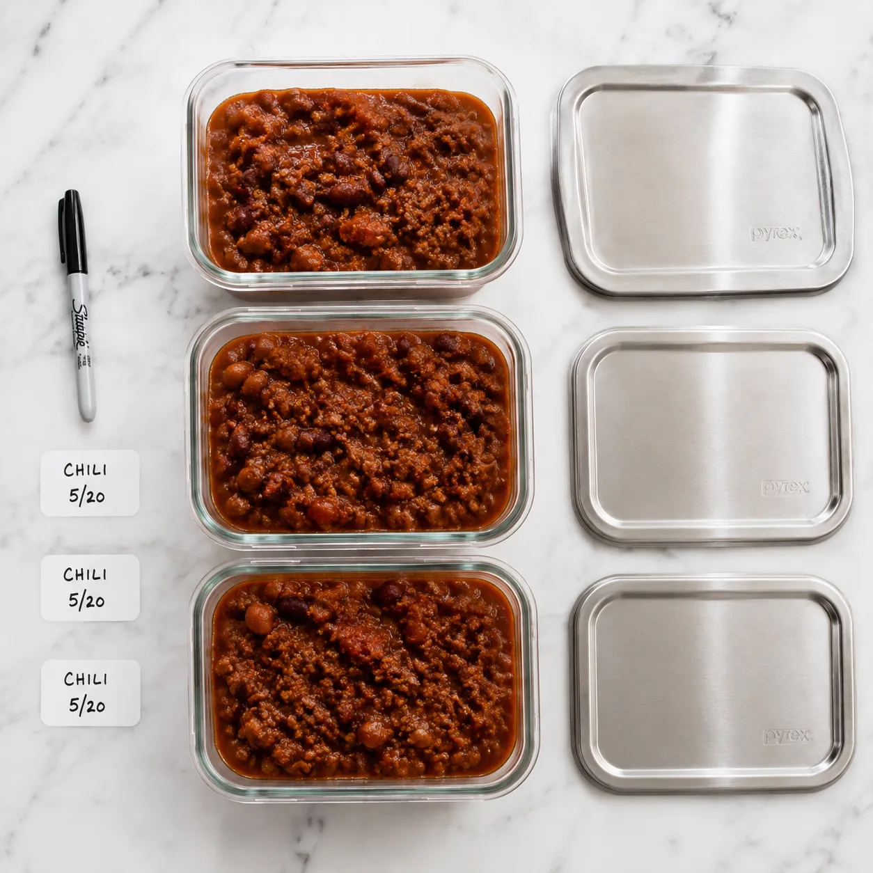 Wendy's chili stored in glass meal prep containers for the fridge or freezer