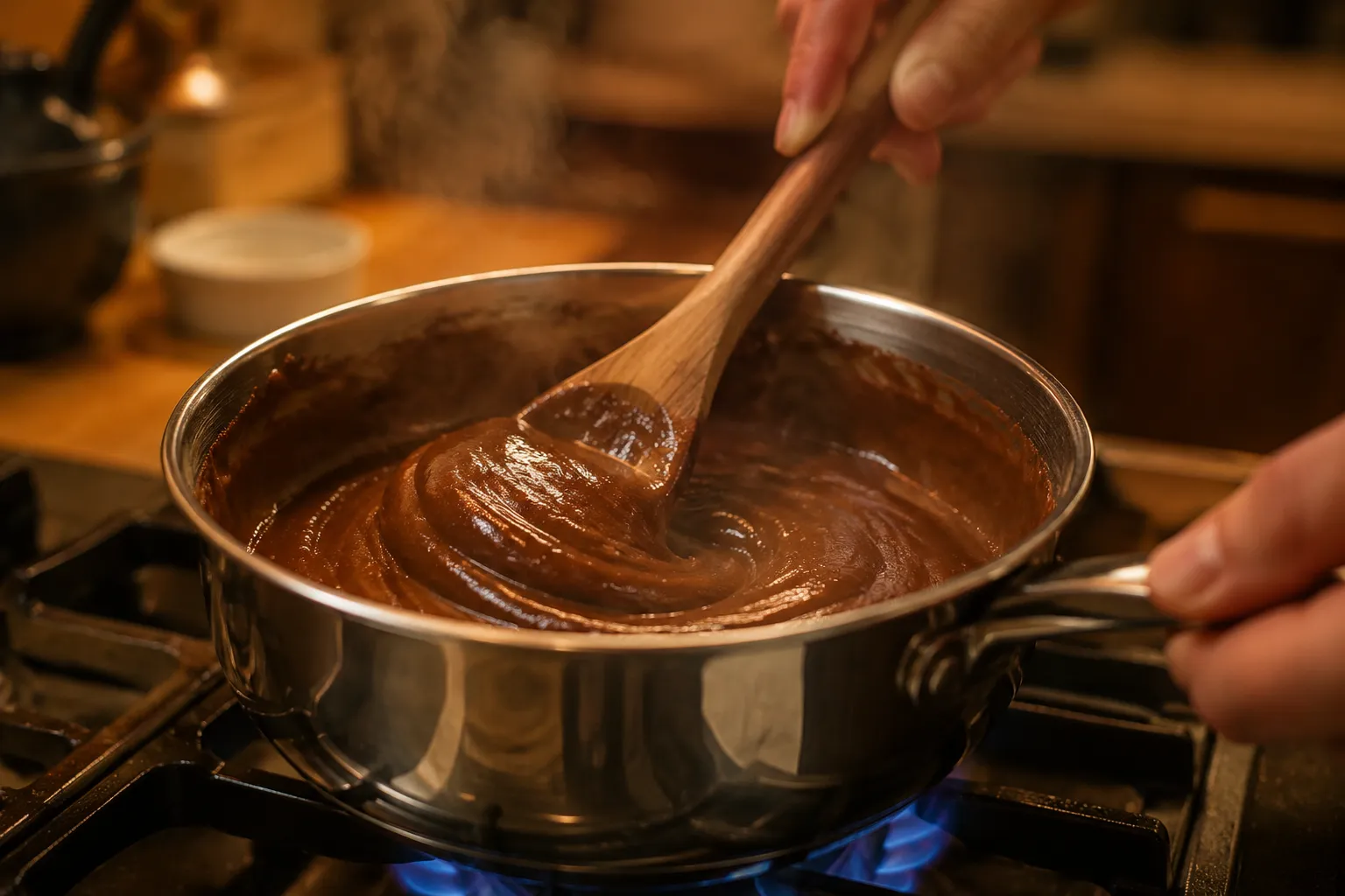 Stirring brigadeiro mixture in a saucepan until thick and glossy