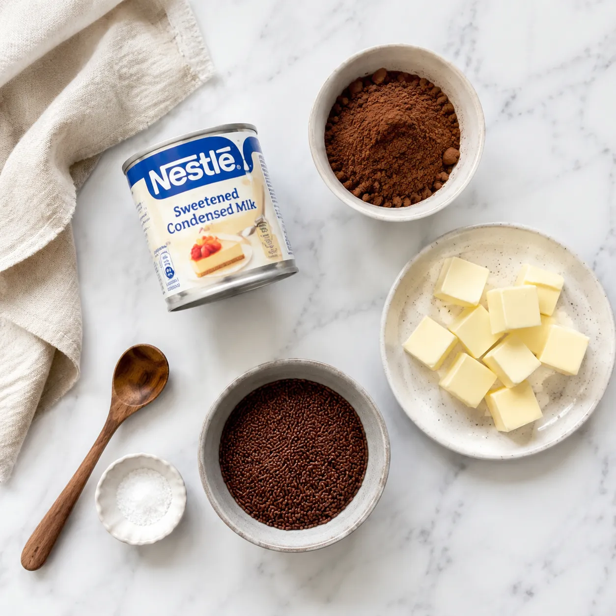 Brigadeiro ingredients flatlay: condensed milk, cocoa powder, butter, and chocolate sprinkles