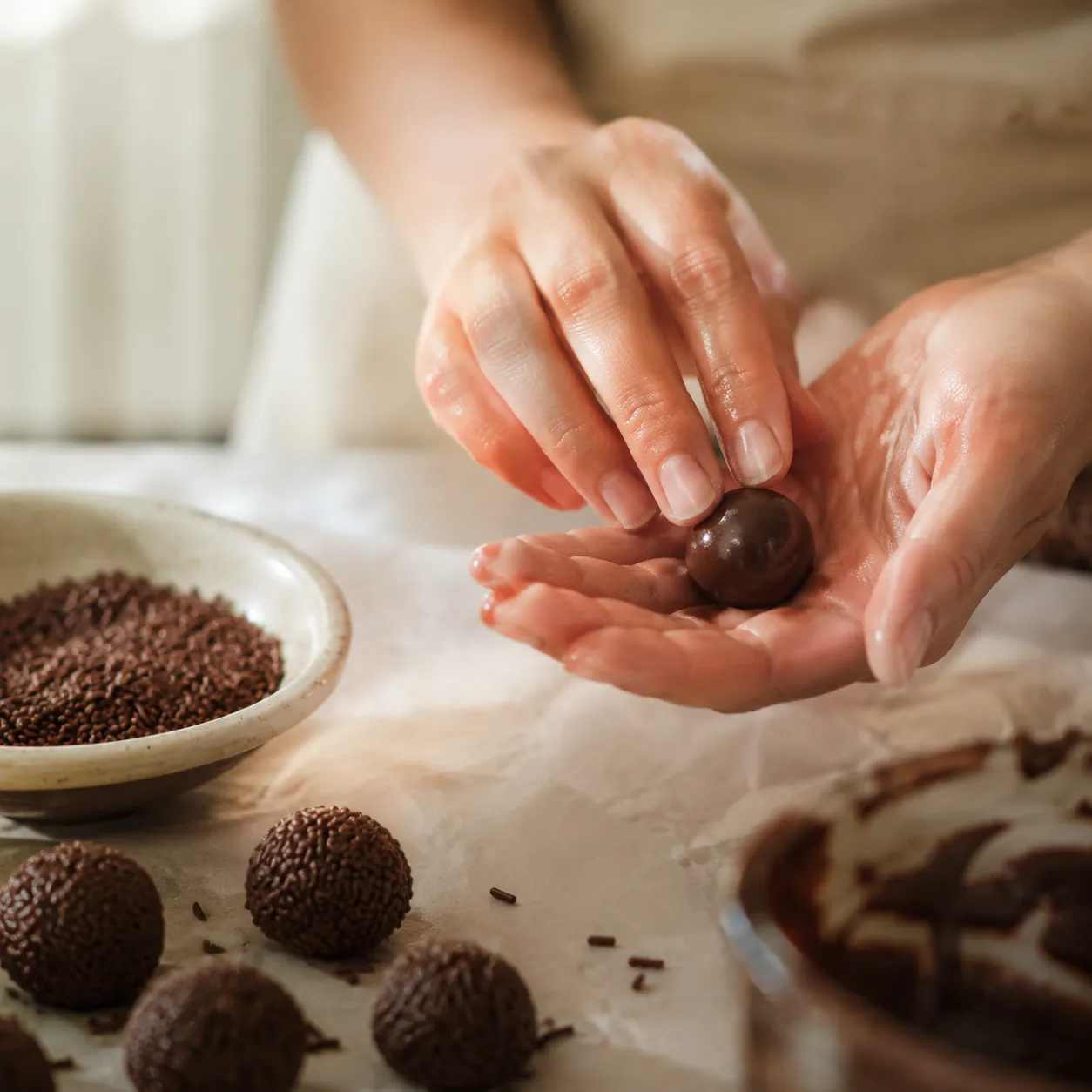 Hands rolling brigadeiro into smooth chocolate balls before coating in sprinkles