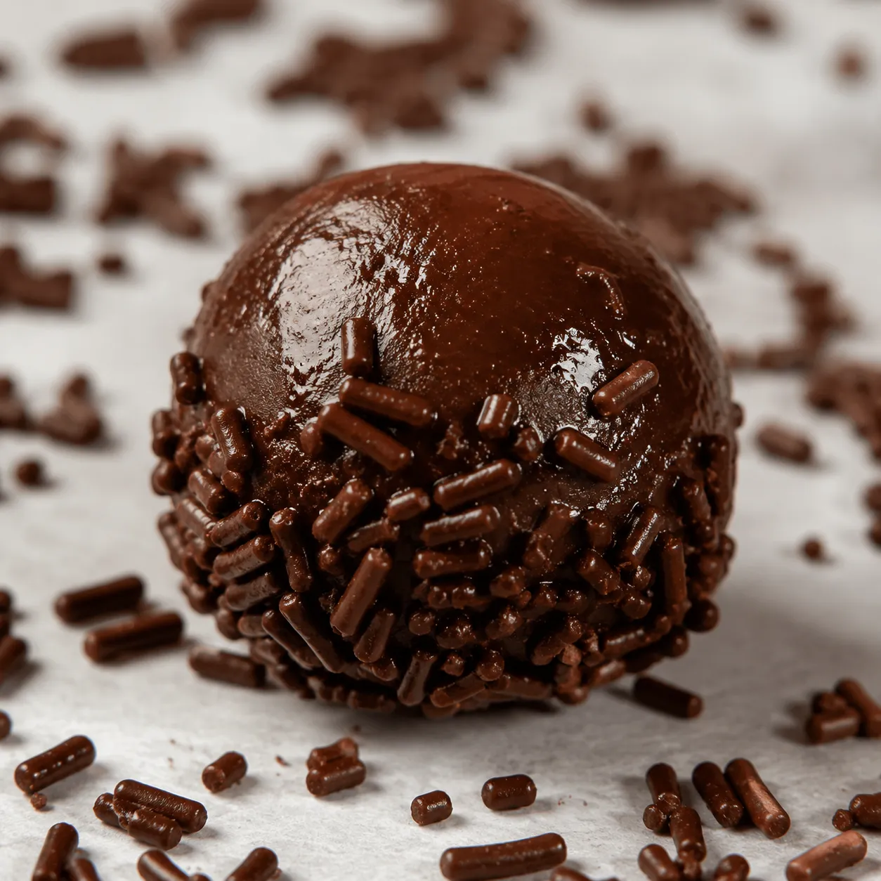 Macro shot of brigadeiro being rolled in chocolate sprinkles