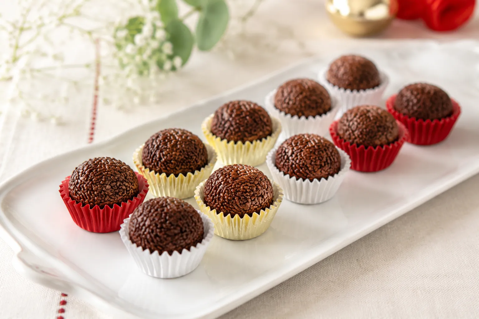 Finished brigadeiro recipe served in colorful paper liners on a platter