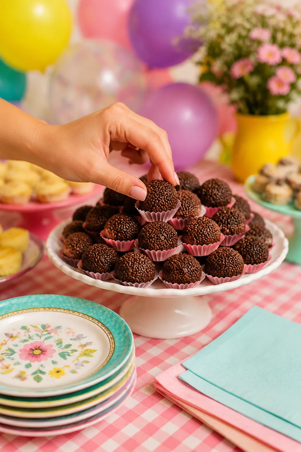 Picking up a brigadeiro from a Brazilian birthday party dessert spread