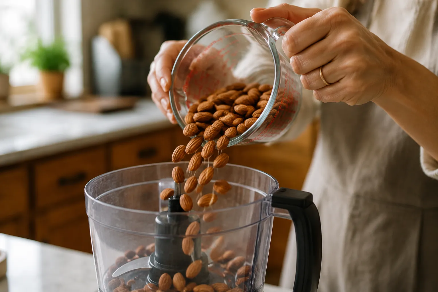 Pouring almonds into food processor to make almond meal