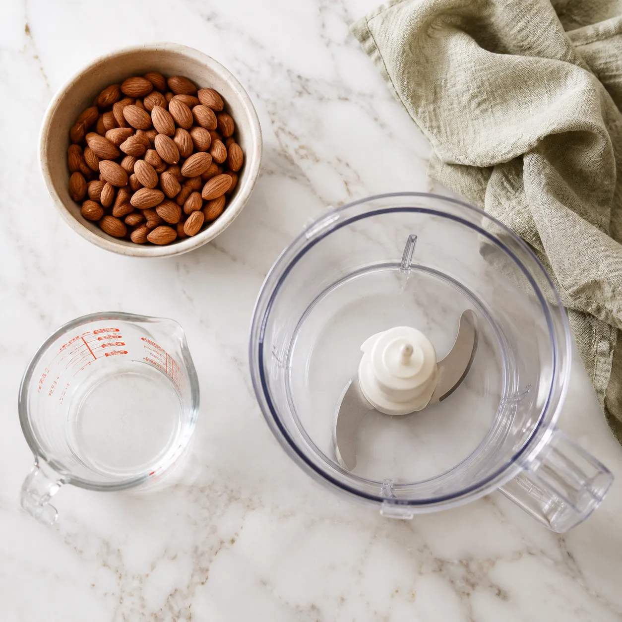 Whole raw almonds and food processor flatlay for homemade almond meal