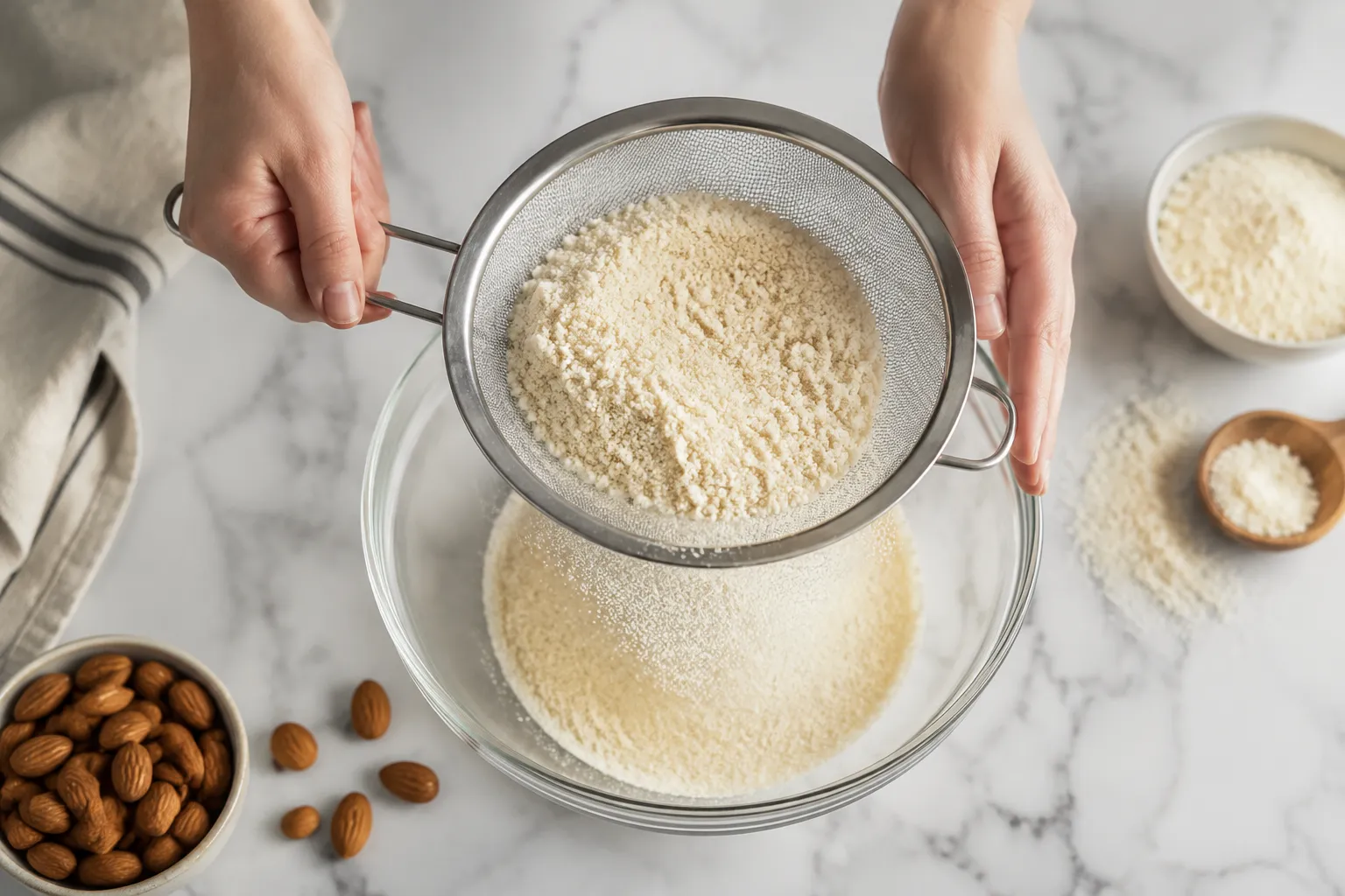 Sifting fresh almond meal through a strainer
