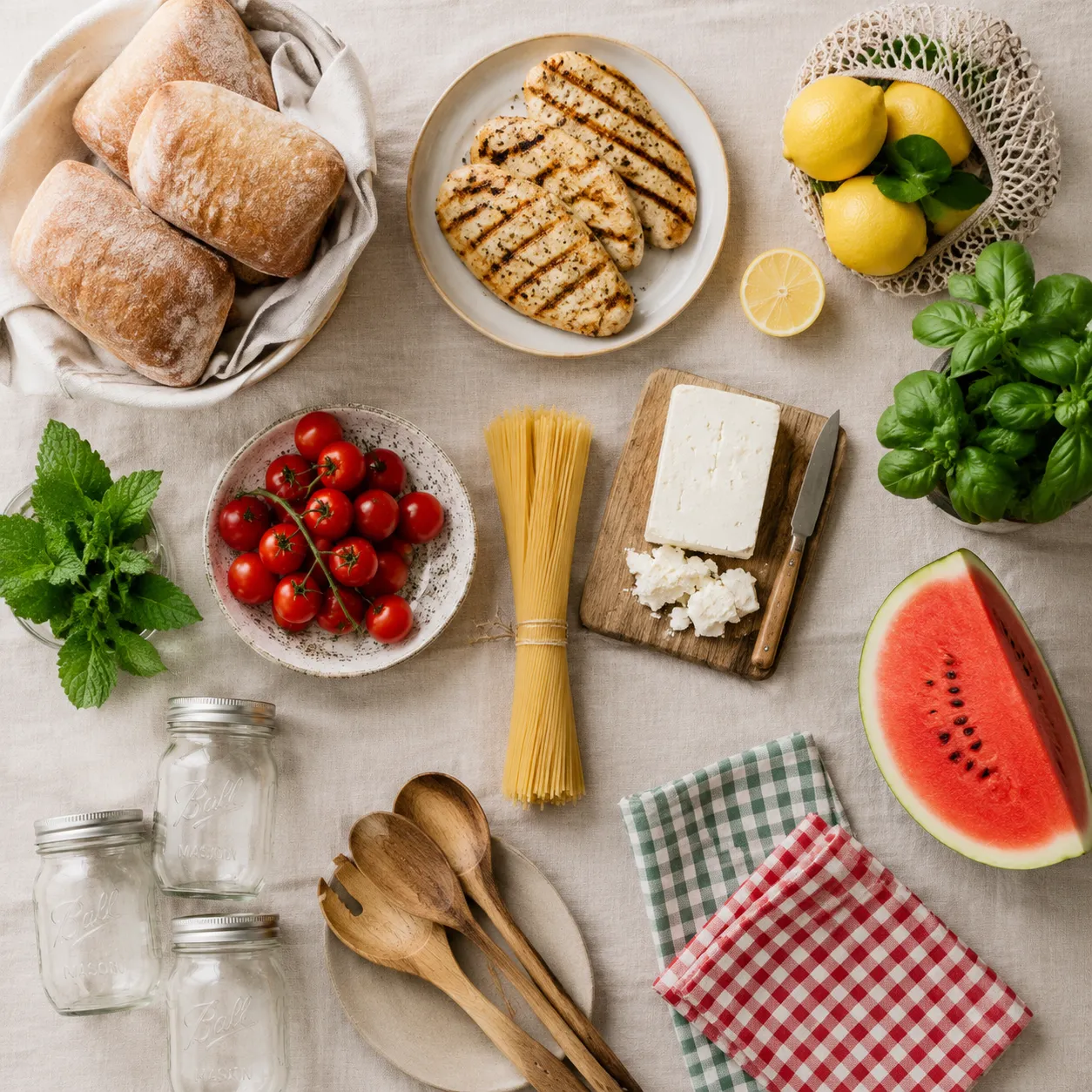 Picnic basket ingredients flatlay with bread, chicken, pasta, watermelon, and herbs