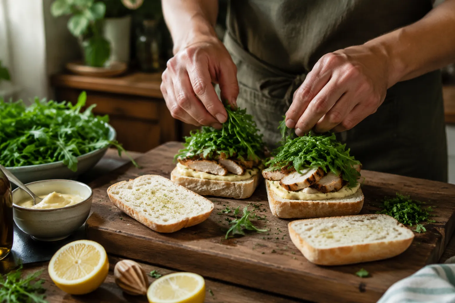 Hands assembling picnic basket chicken sandwiches on ciabatta rolls