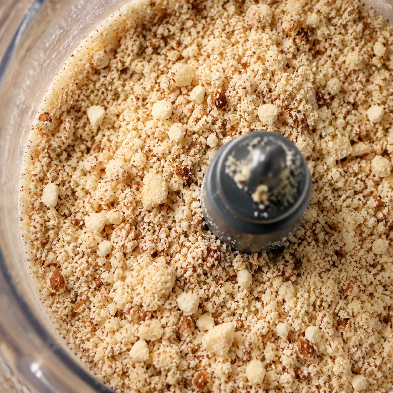 Close-up of almonds being processed into almond meal