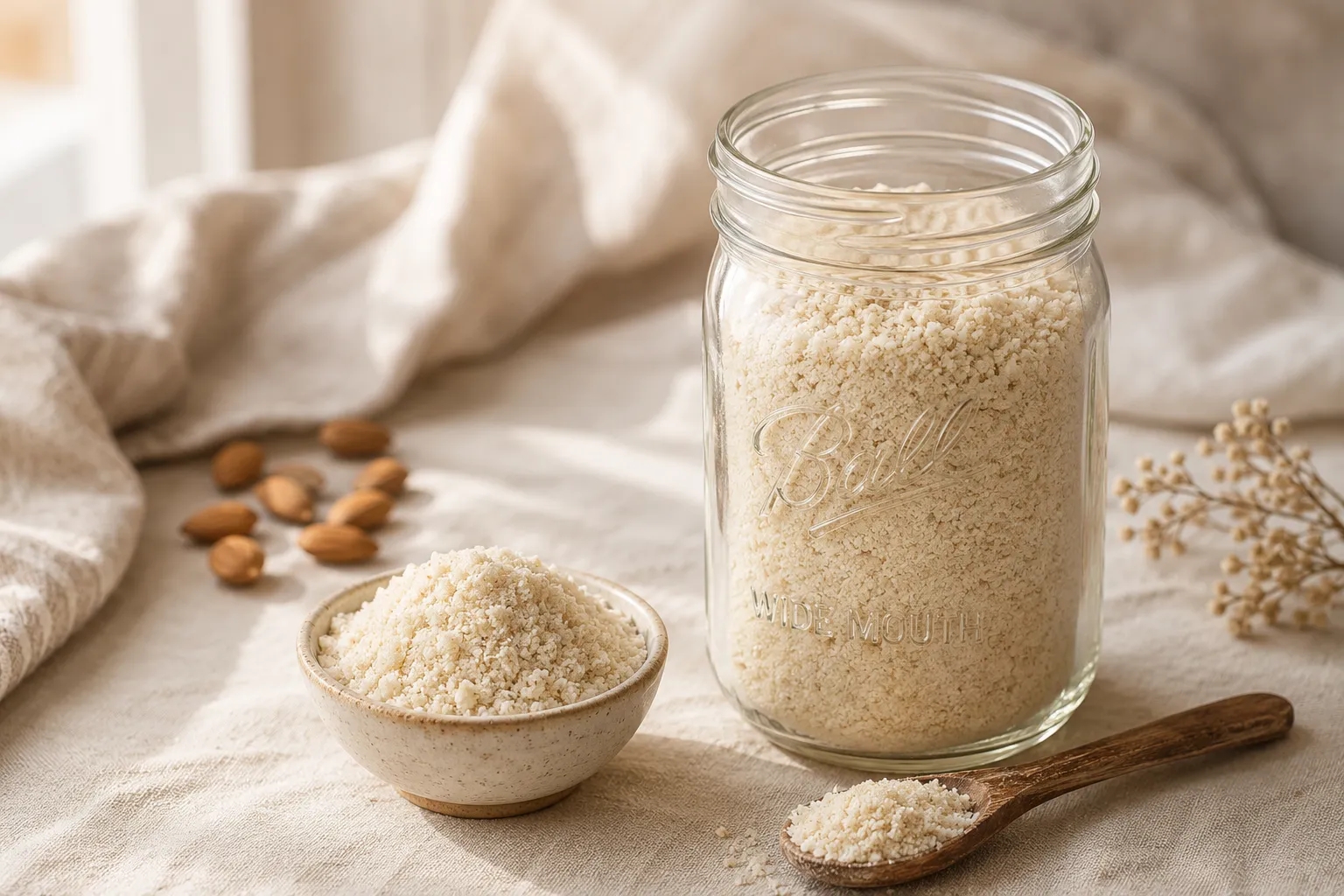 Homemade almond meal stored in a glass jar