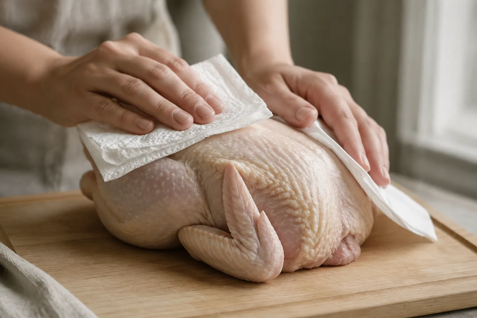 Patting Cornish hen dry before roasting