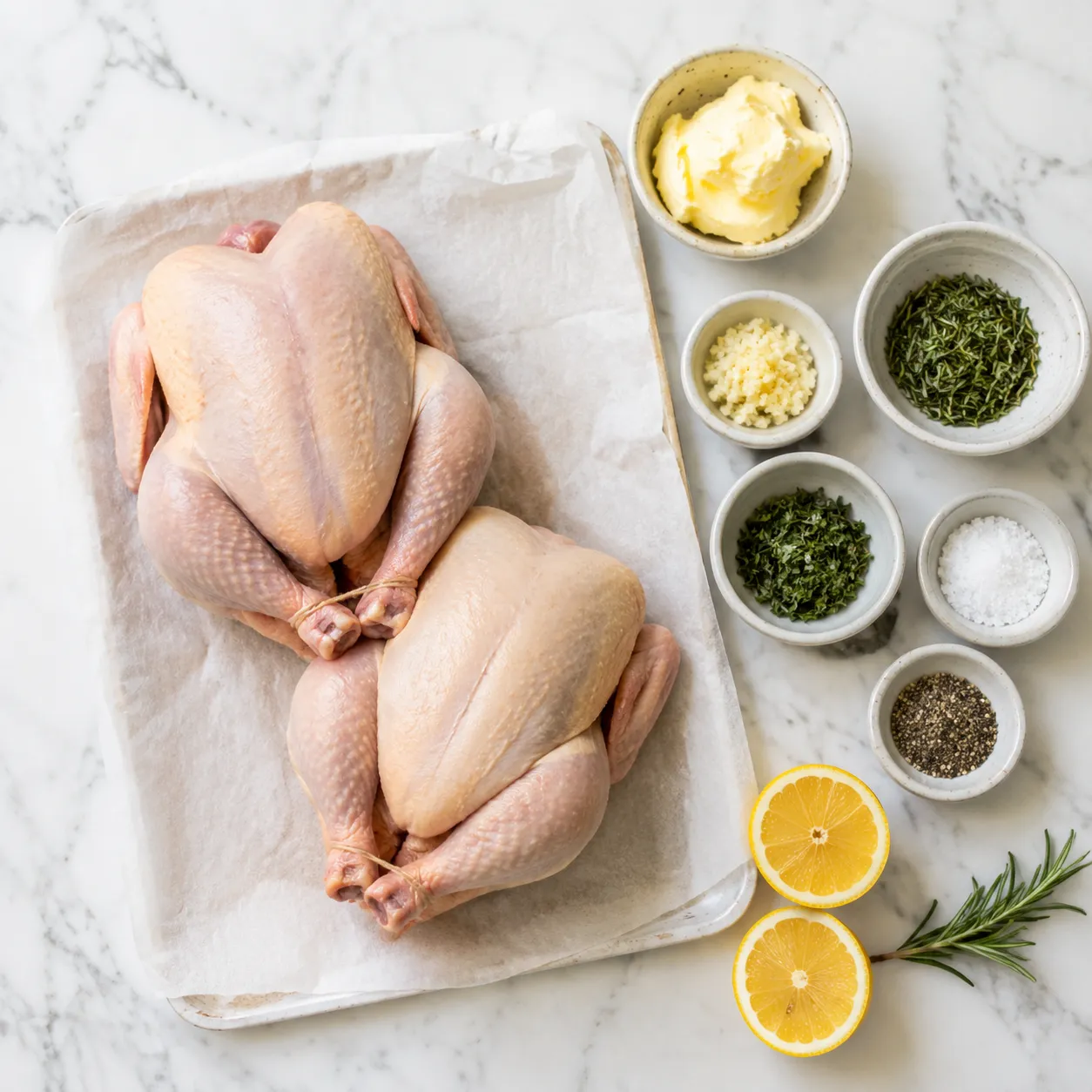 Cornish hen ingredients flatlay with herbs butter and garlic