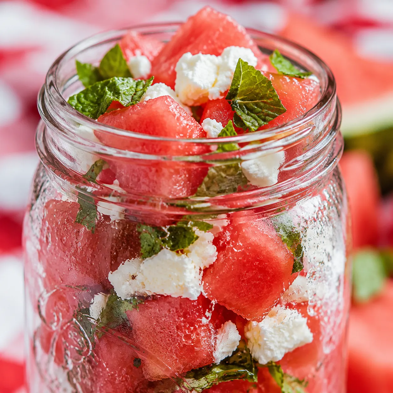 Watermelon feta salad in a mason jar for picnic basket