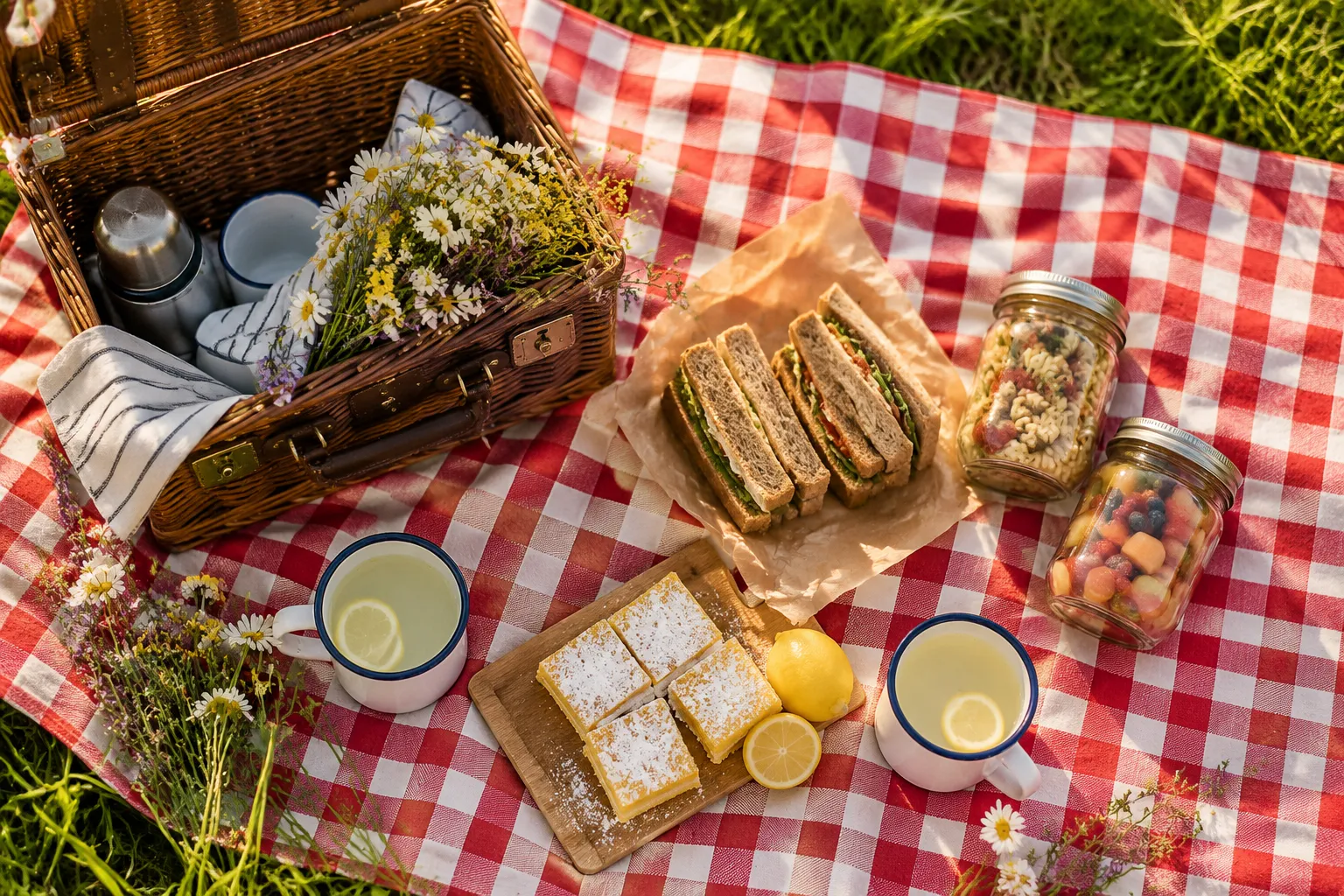 Complete picnic basket spread laid out on a checkered blanket